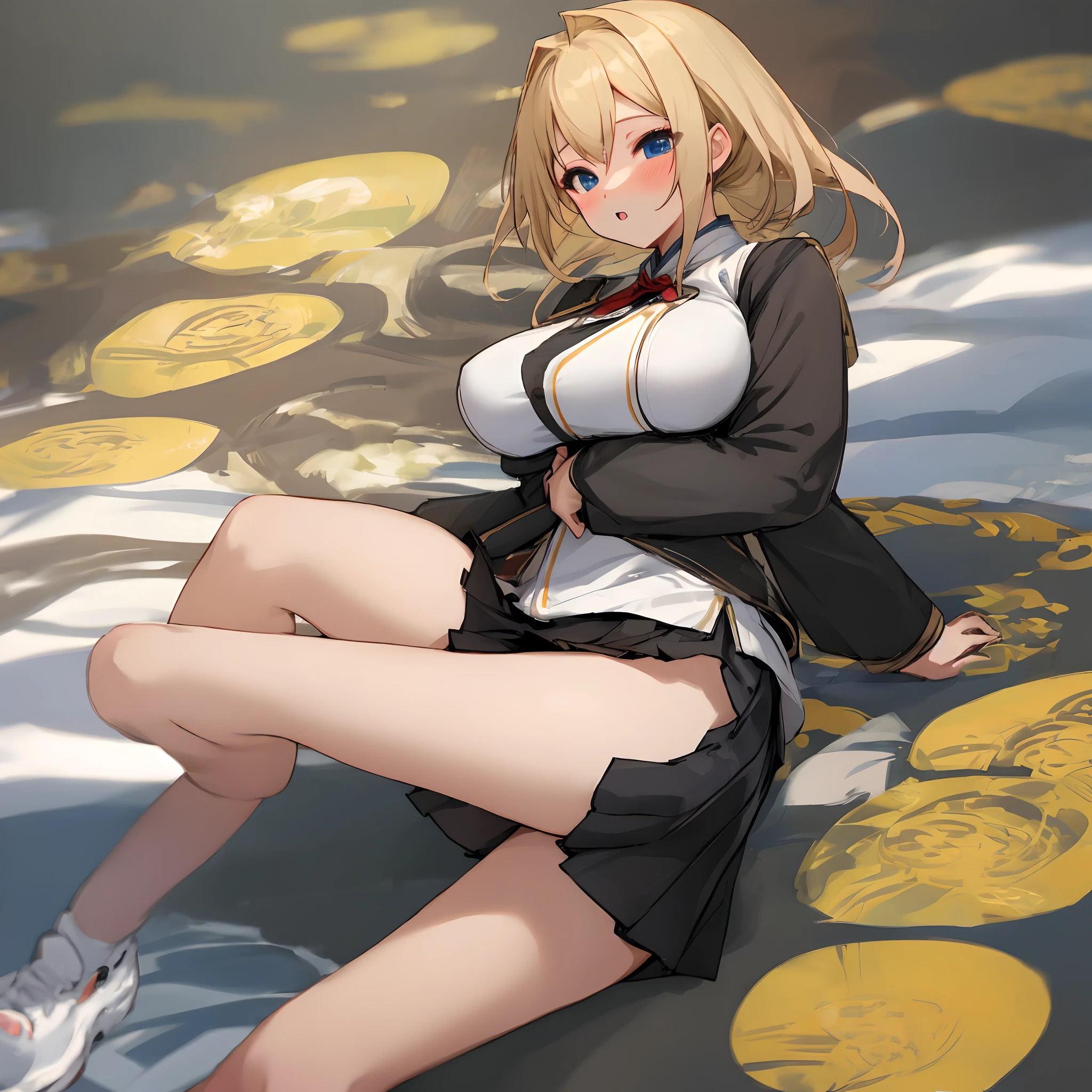 Asian, busty, blonde, miniskirt, legs spread,