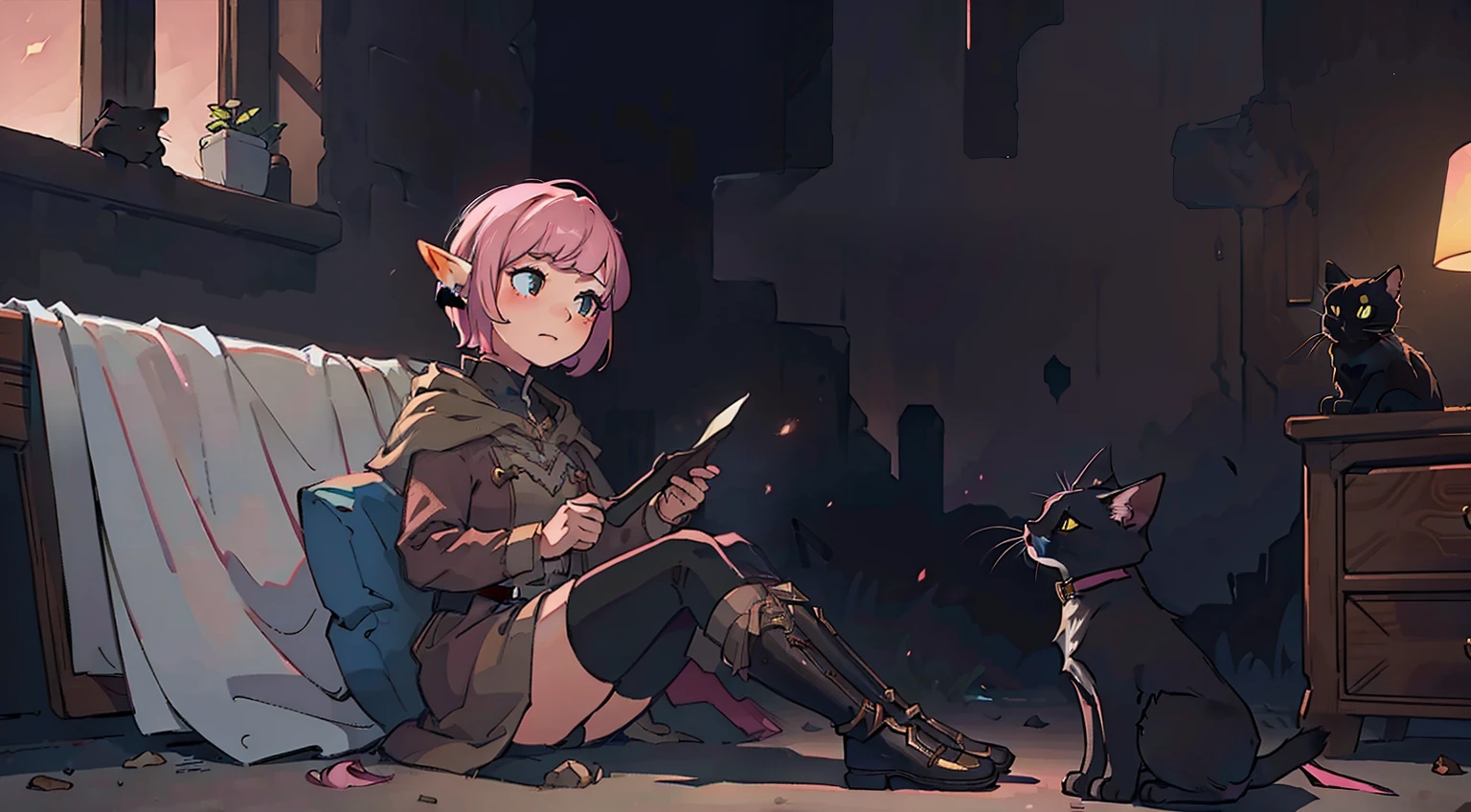 Young 1female elf and black 1cat, sitting, pink short hair, Neutral background, Masterpiece, Best Quality, (hight resolution) (Original) , (very detailed wallpaper) , very, hard shadows, Cinematic shot, dramatic lighting