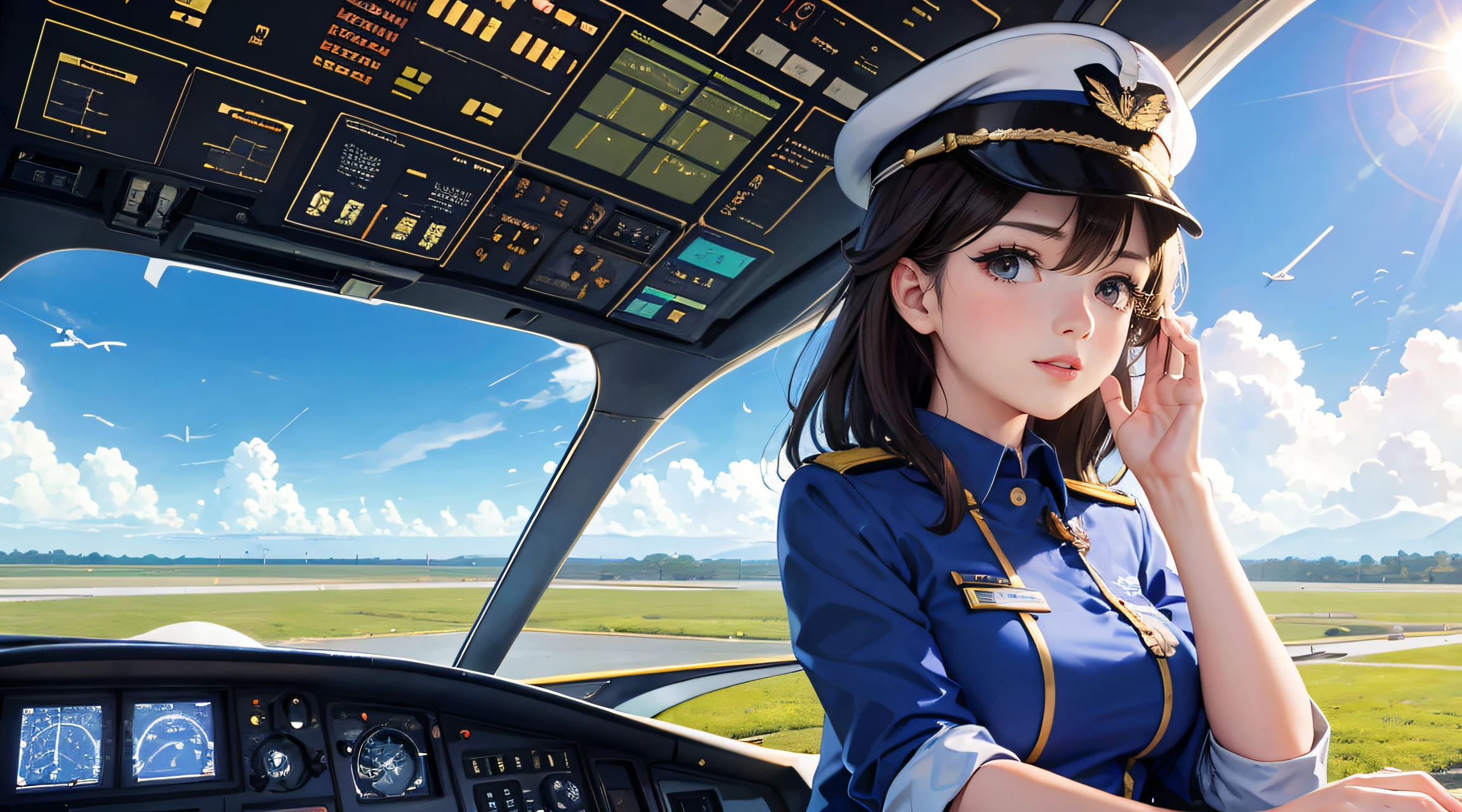 On a sunny day,Cute Captain Bunny in a flight uniform,Fly an airplane in the cockpit of a Boeing B787