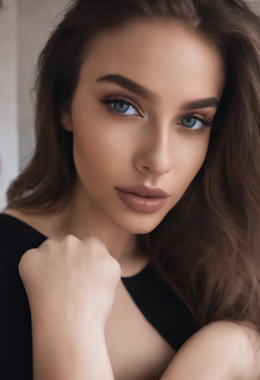 Arafed woman with black clothes, fille sexy aux yeux bruns, Portrait Sophie Mudd, cheveux bruns et grands yeux, selfie of a young woman, Yeux de chambre, Violet Myers, sans maquillage, maquillage naturel, looking straight at camera, Visage avec Artgram, Maquillage subtil, Superbe photo du corps entier, dans la chambre, clivage