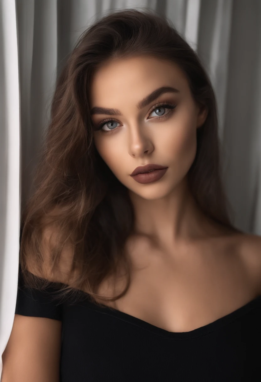 Arafed woman with black clothes, fille sexy aux yeux bruns, Portrait Sophie Mudd, cheveux bruns et grands yeux, selfie of a young woman, Yeux de chambre, Violet Myers, sans maquillage, maquillage naturel, looking straight at camera, Visage avec Artgram, Maquillage subtil, Superbe photo du corps entier, dans la chambre, clivage