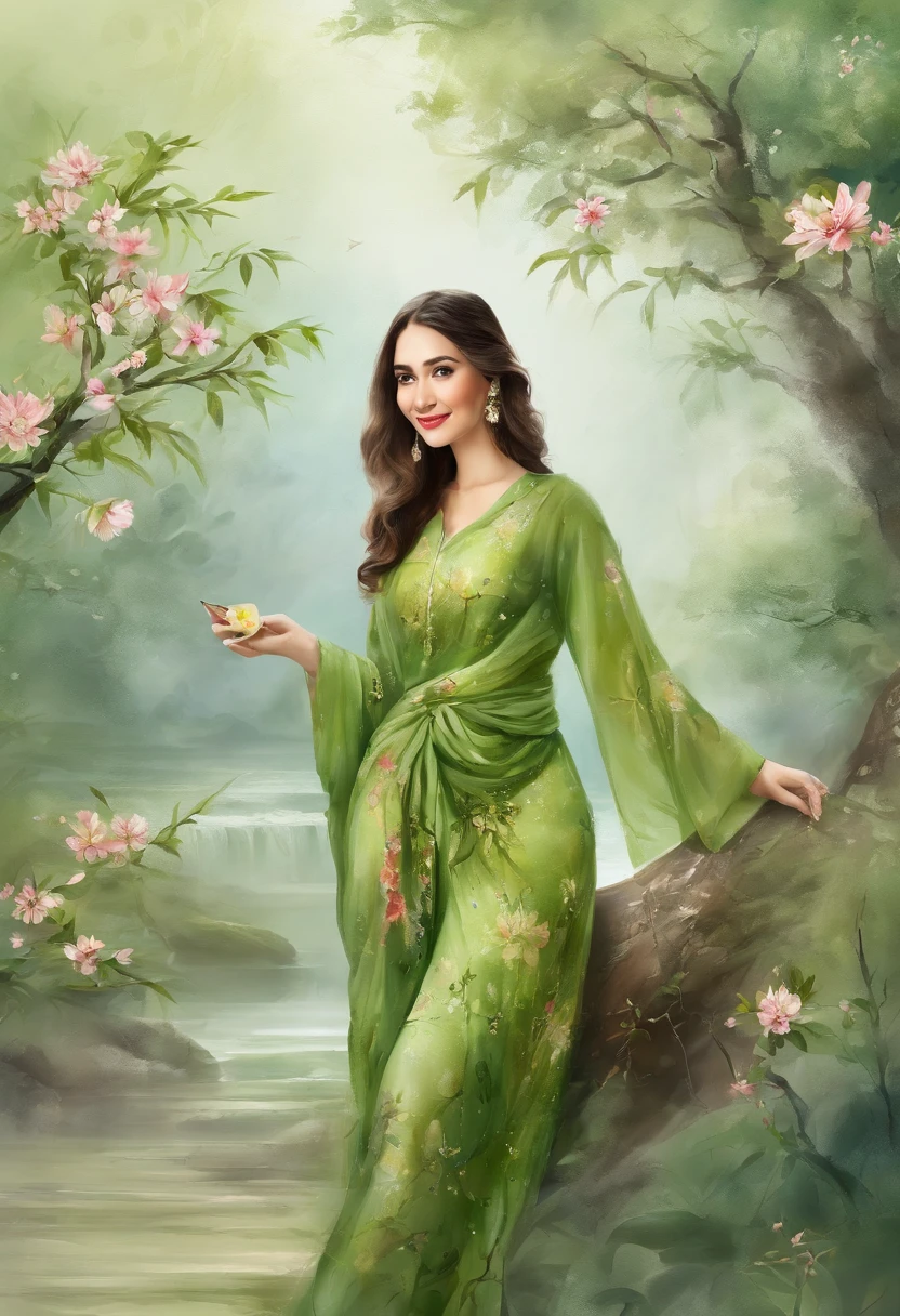 RAW photos, highest quality), (realistic, photorealistic: 1.3), highest quality, masterpiece, very delicate and beautiful, highly detailed, CG, unity, 2K wallpaper, wonderful, beautiful to detail, masterpiece, light smile, highest quality, highly detailed CG Unity 8k wallpaper, selfie photo, big tits, surrounded by the tree sakura, wears jumpsuit colour green tea batik suit
