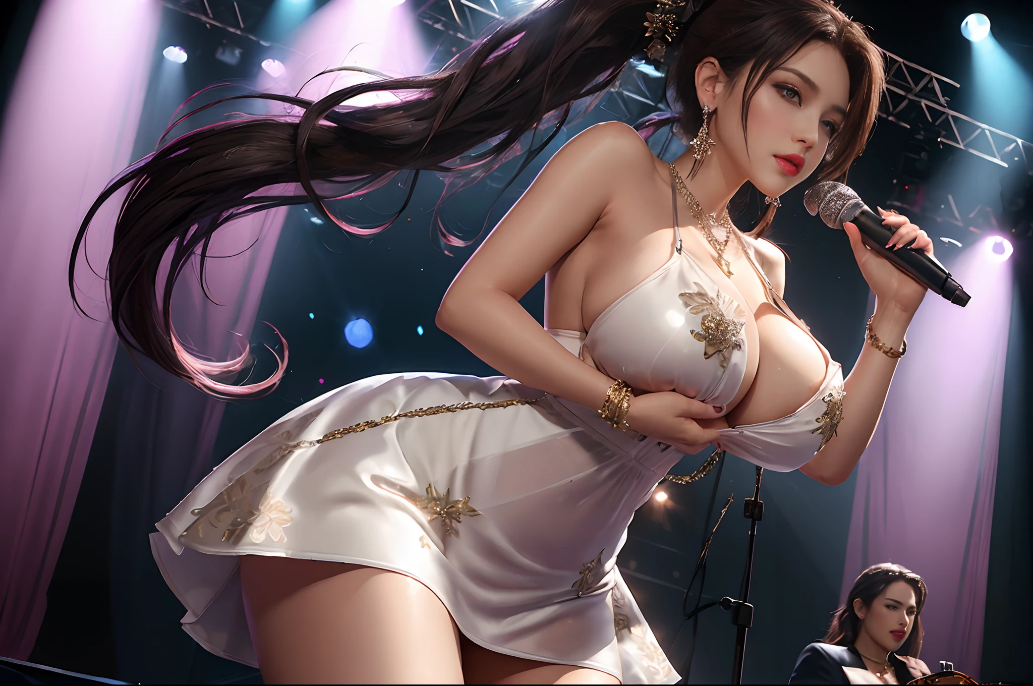 (beautifull lady with very gigantic breast, medium ponytail hair, wear luxury mini dress, holding microphone on stage), (show cleaveage), (luxury mini dress), (show thigh), (hairpin), expensive detailed necklace, (very gigantic breast:1,9), detail stage, beautifull stage, high class concert stage, convetty, (detail people face in background), superstar concert, superstar idol, beautifull face, pretty face, beautifull eyes, beautifull nose, sexy lips, beautifull nails, raytracing, beautifull lighting, nsfw, beautifull fingers, beautifull hands, sexy belly, sexy body, sexy shoulders, sexy legs, sexy hips, (luxury bracelet), (luxury ring), (luxury earring), (luxury necklace), black nails , blue eye, (4 fingers in 1 hand), white skin, full body picture, pretty makeup