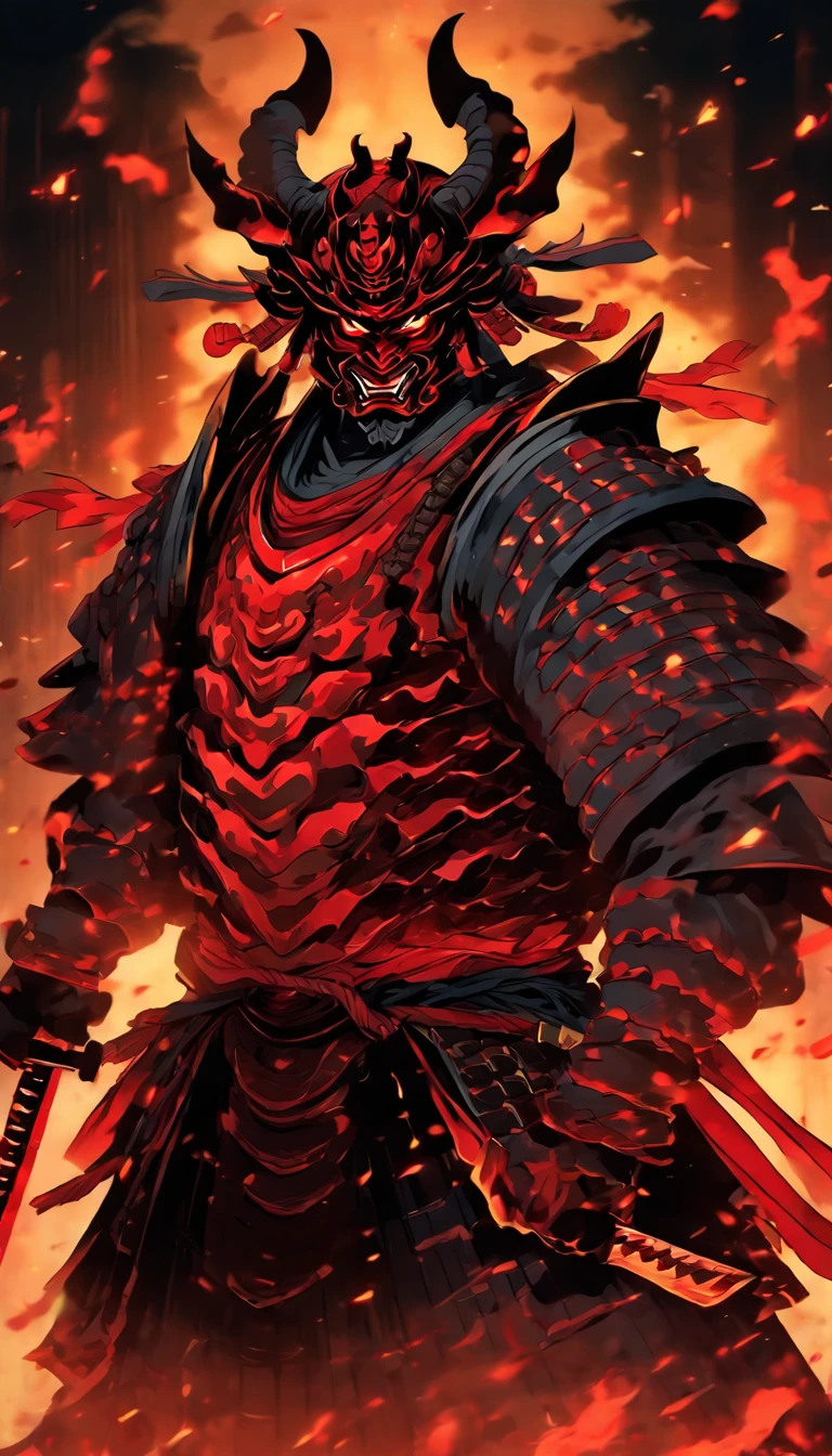 demon with red glowing eyes wearing an ancient japanese shogun armor with helmet standing in a battle stance ready to draw its blade