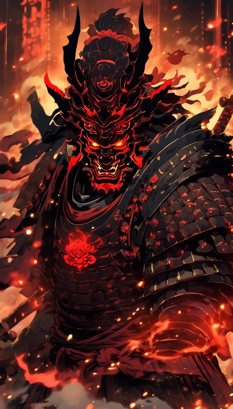 demon with red glowing eyes wearing an ancient japanese shogun armor with helmet standing in a battle stance ready to draw its blade