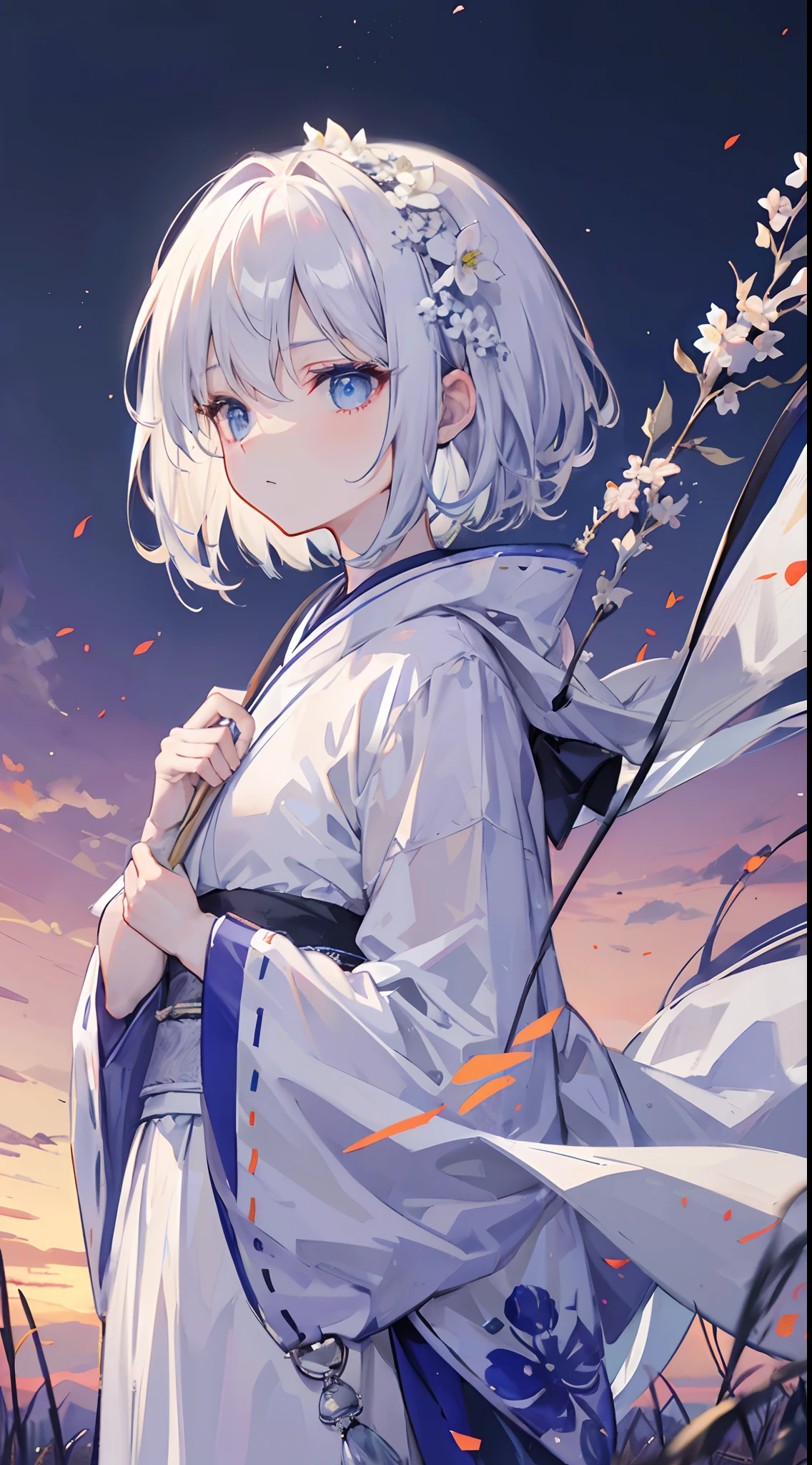 Short hair with uneven silvery-white jagged hair,The hair curtain is long,The hair curtain covers one eye,Hair slightly upturned,Crystal blue eyes,The eyes are shining,Girls of medium stature,There is a flower on the head,Sunset in the empty countryside,Holding a lit fireworks stick in his hand,He wears a white kimono,I look lonely and lonely,The atmosphere was deserted,cold shades,With his head bowed
