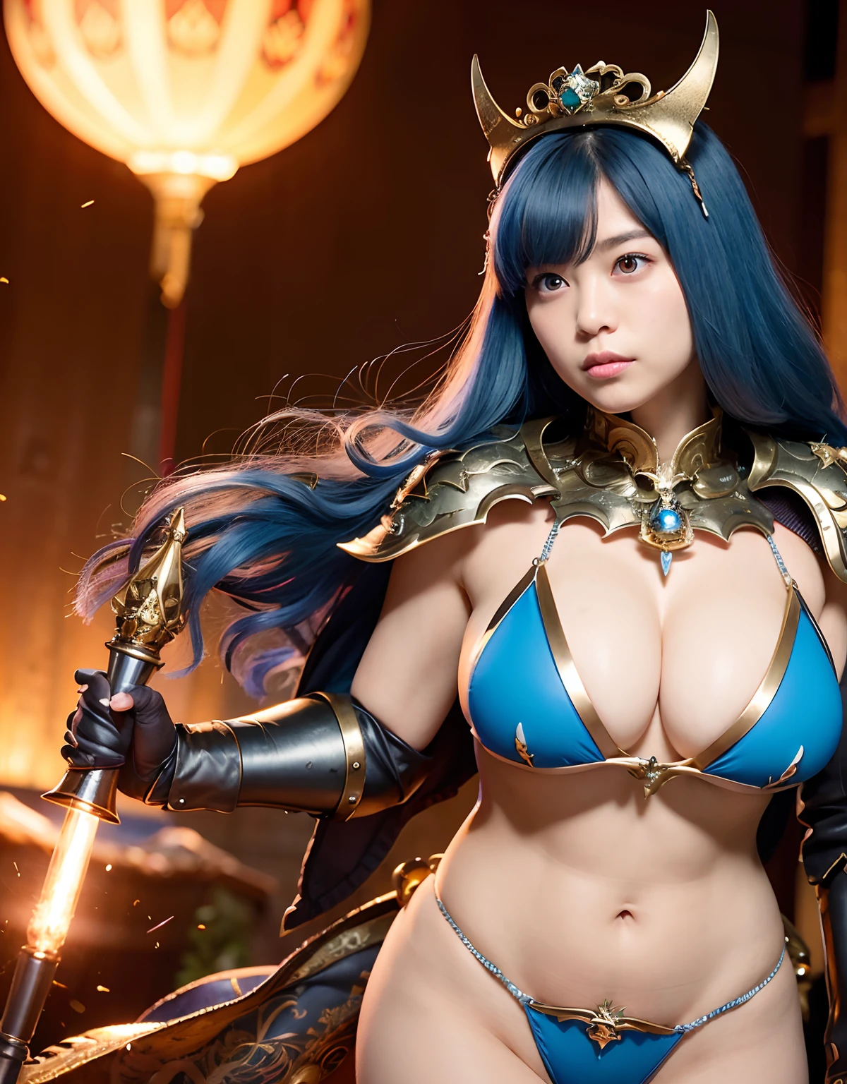 Professional , masterpiece、top-quality、photos realistic , 、top-quality、超A high resolution、(Photorealsitic:1.4)、Raw photo、depth of fields (Gemstone Gold Metal Body:1.9),(Matte White、Toostock、heavy breasts、(cleavage of the breast)、(((Micro Bikini Armor))),(Detailed Dragon Armor)、(Have the strongest weapon)、((Random Hairstyles 1.6),Dark Fantasy,)explosions、intense fighting、(Precipitous cliffs),Dragon Gold Weapon,Mystical expression、Particles of light、Fight dragons、(Detailed Dragon Helmet),Gorgeous Silver Weapons ,(( Dragon's dense and gorgeous sword)) , Beautiful knife ,warhammer 40k ,Detail and gorgeous tiaras、((Blue hair))、(Castle background)、、((Gangle's forest background))、Beautiful Caucasian beauty、1a person、dynamic ungle,(((With detailed shielding)))、Smaller head、A smile、Castle background、Thin and beautiful female hands、cleavage of the breast、Soldier in iron armor on background、Mystical expression、Light Effects、intense fighting、Wind-effect、magic circles、With the legendary magic wand、(demonic wings)、Toostock、
