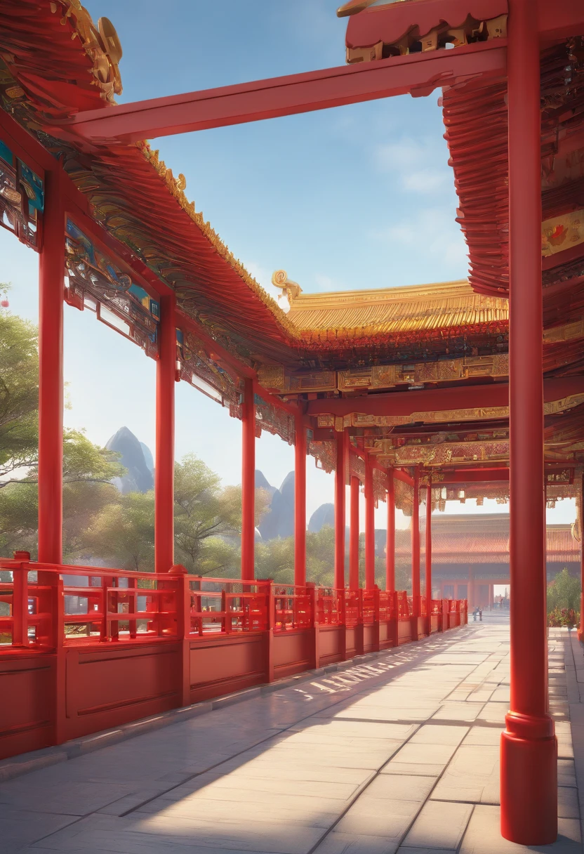 Large building interiors, Chinese architecture in mechanical style, The flag flies, Plaza, vibrant with colors, Sunny weather, ultra-wide-angle, 8K quality, CG high-quality charts，C4D rendering effects,Be creative, Inspired by the age of machinery, Reference source: Tiananmen square, China, Reference source: The Palace Museum of China, trending on cgstation,