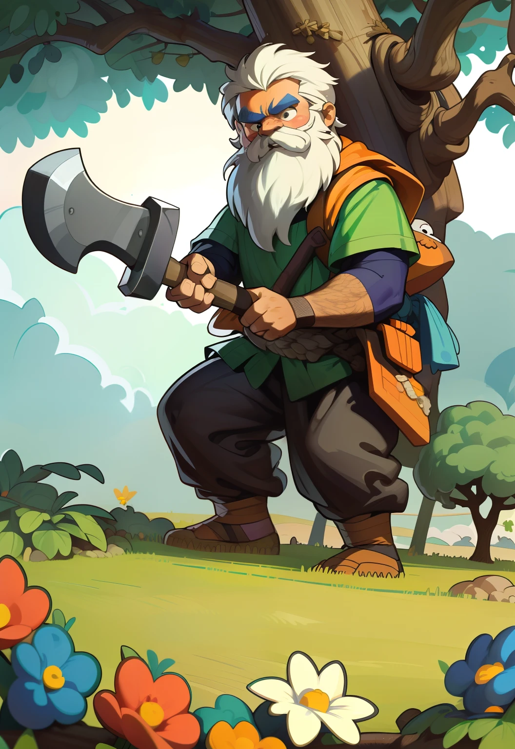 adesivo, fundo simples, guerreiro com machado, A bearded man cutting down a tree with an axe, caminhando pela floresta cuidadosamente, Olhando para os lados, Children's Stories Illustration, conto de fadas, cores vibrantes, cartoon illustration, melhor qualidade, Chibi