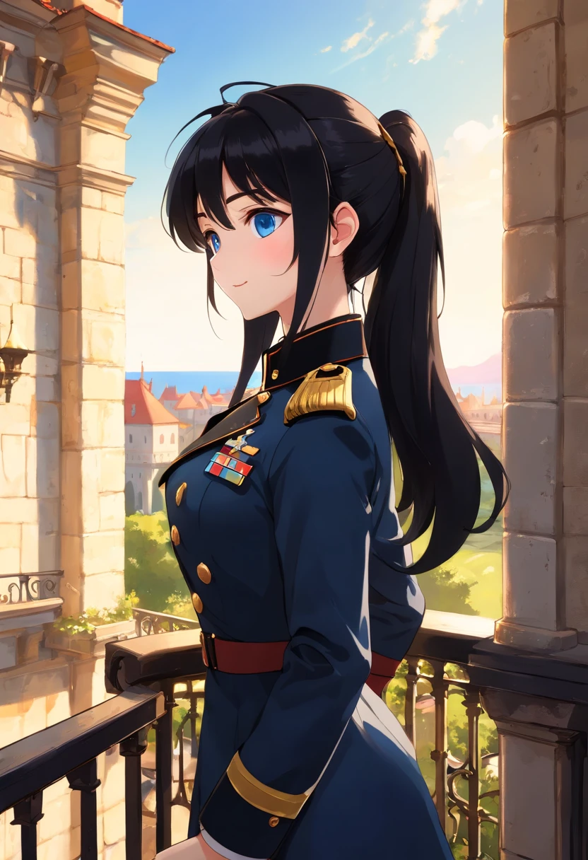 ((work of art)),
((masterpiece)),
((hyper detailed)),
(1girl: 1.5),
(anime girl: 1.5),
slender,
graceful,
light smile,
happy;
(detailed face: 1.5)
(silky black hair: 1.5),
(high ponytail hair: 1.2),
(sapphire blue eyes: 1.4);
(wearing black and white military uniform: 1.5),
(gold details, beautiful: 1.2);
(standing on the balcony of a Renaissance castle: 1.5);
(profile portrait looking at the horizon, American shot: 1.5);
natural light,
spring sun,
early afternoon,
airy and refreshing environment,
sea view;
4k, 8k,
intricate details,
colorful details,
sharp focus