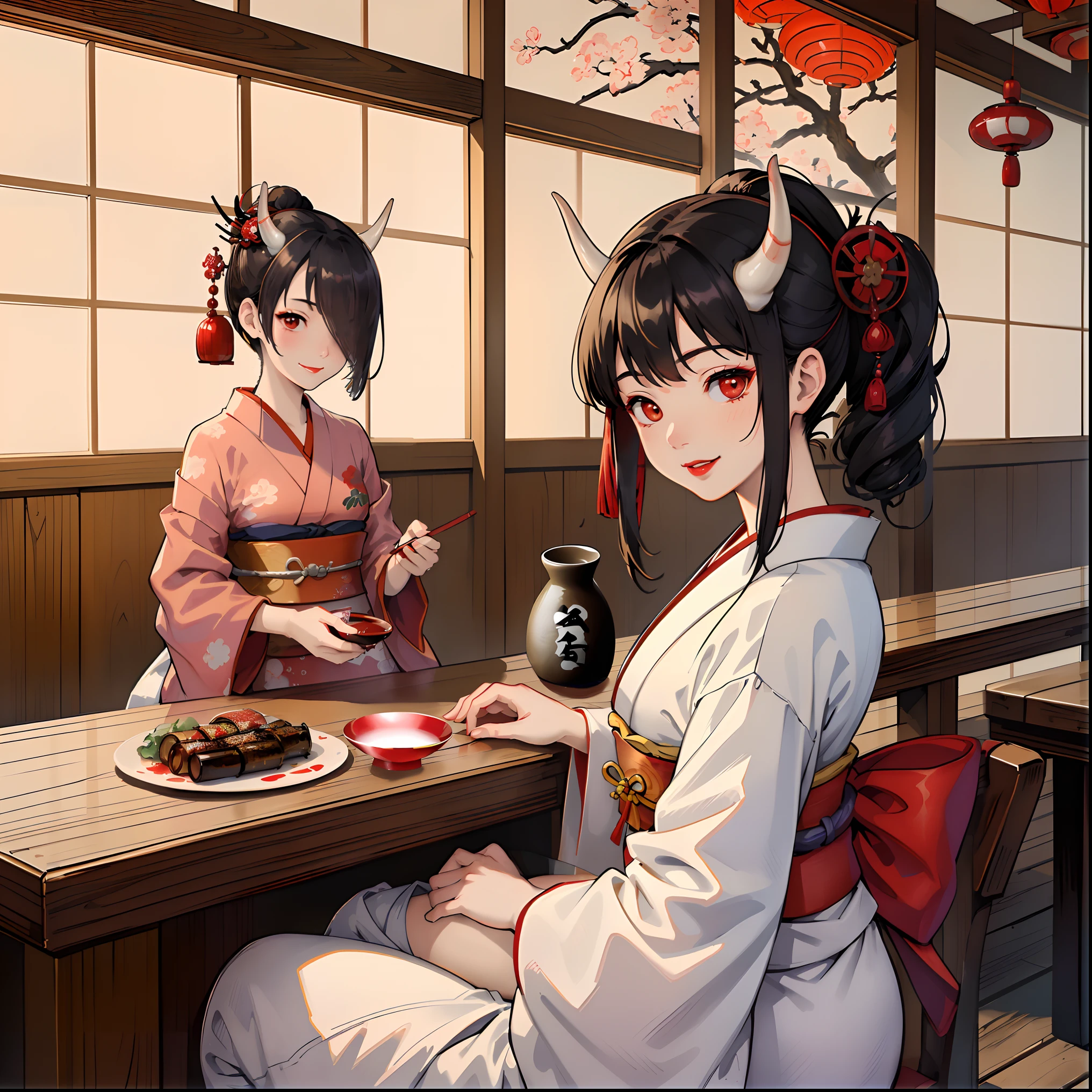 masterpiece, Best Quality, Ukiyoe painting, (An old-fashioned restaurant with Japanese cuisine, highly detailed interior), 2girls, Kimono, White Demon Horns, Smile, Red Lip, (Japanese liquor bottles and cups), Food on the plate
