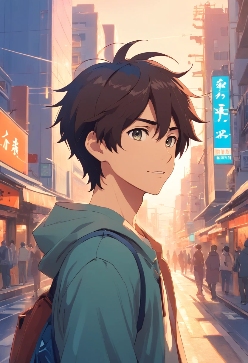 A boy, transformed into an anime style, with exaggerated unique facial features and clothing, standing on a bustling city street, backlit background highlighting the subject, high-contrast colors, 4K high-definition quality,young, smiling, handsome