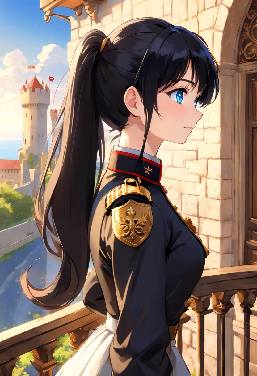 ((work of art)),
((masterpiece)),
((hyper detailed)),
(1girl: 1.5),
(anime girl: 1.5),
slender,
graceful,
light smile,
happy;
(detailed face: 1.5)
(silky black hair: 1.5),
(high ponytail hair: 1.2),
(sapphire blue eyes: 1.4);
(wearing black and white military uniform: 1.5),
(gold details, beautiful: 1.2);
(standing on the balcony of a Renaissance castle: 1.5);
(profile portrait looking at the horizon, American shot: 1.5);
natural light,
spring sun,
early afternoon,
airy and refreshing environment,
sea view;
4k, 8k,
intricate details,
colorful details,
sharp focus