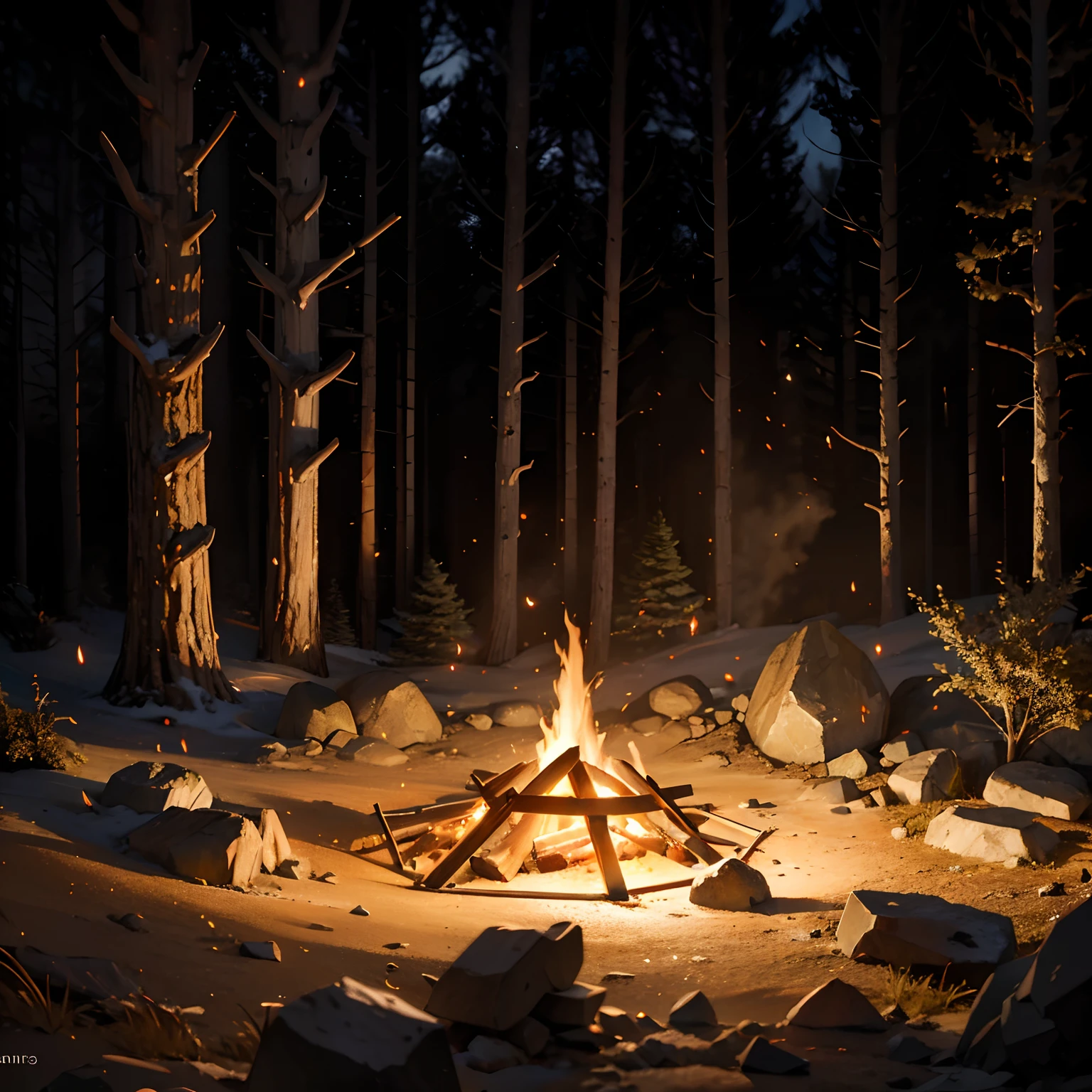 Empty firepit in woods, stones around fire, rocks around fire area, nighttime in woods, (ambient light from fire) , ((embers coming from fire)) , dark woods, dark shading, cinematic lighting, 8k wallpaper, high quality UHD, warm colors, particle effects, Masterpiece, (no people), bright fire, ((embers)), (((one fire))),, warm feeling, comforting scene, ((bright embers)), deep orange color