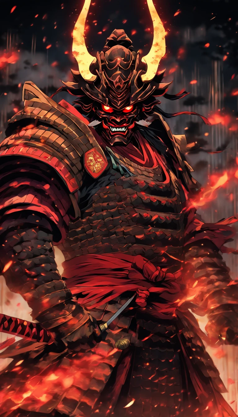 demon with red glowing eyes wearing an ancient japanese shogun armor with helmet standing in a battle stance ready to draw its blade