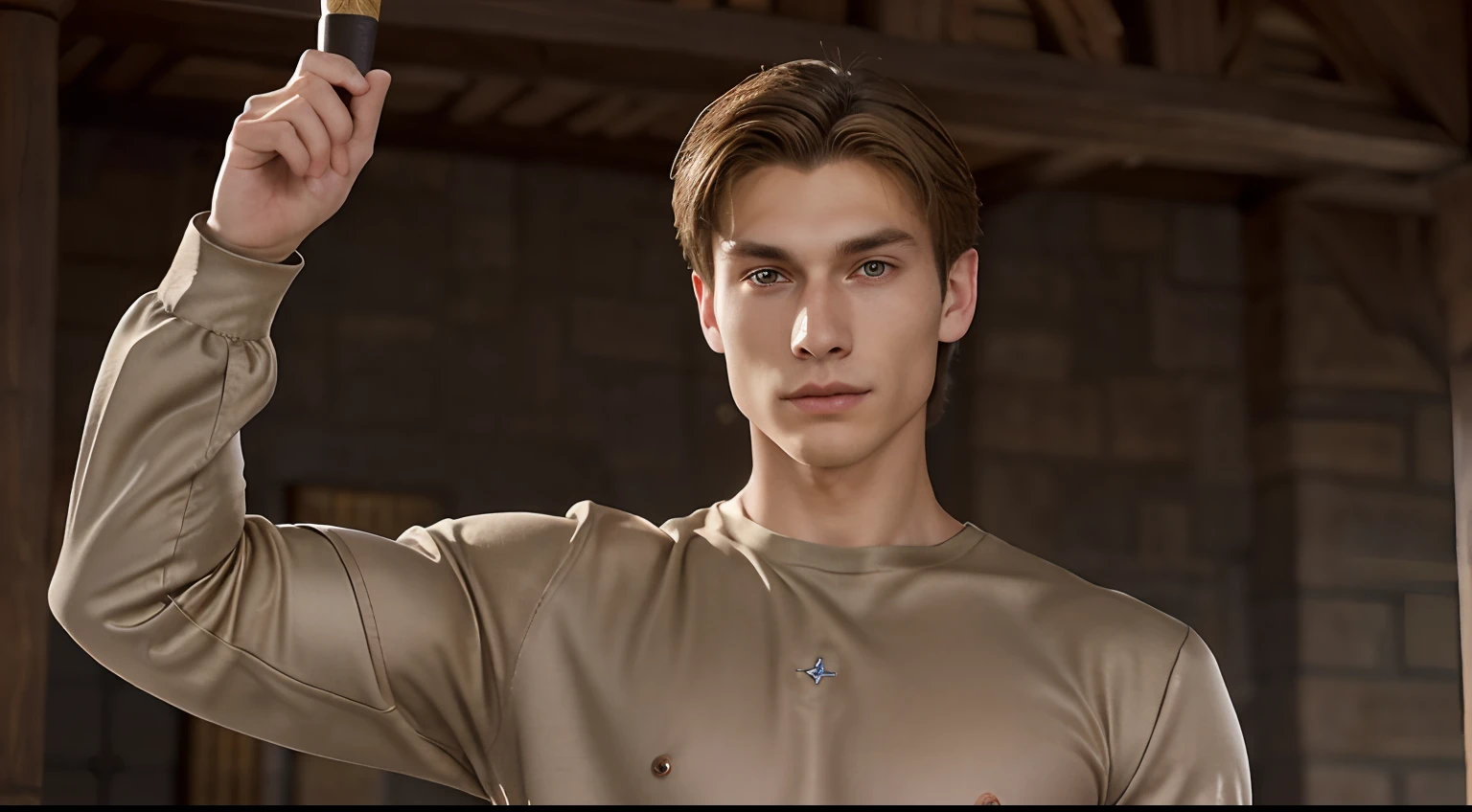 A very handsome 19-year old medieval prince with high cheekbones, dark blonde hair, and brown eyes. He has a muscled body, especially his arms, from swordsmanship, but he is wearing a long sleeved shirt