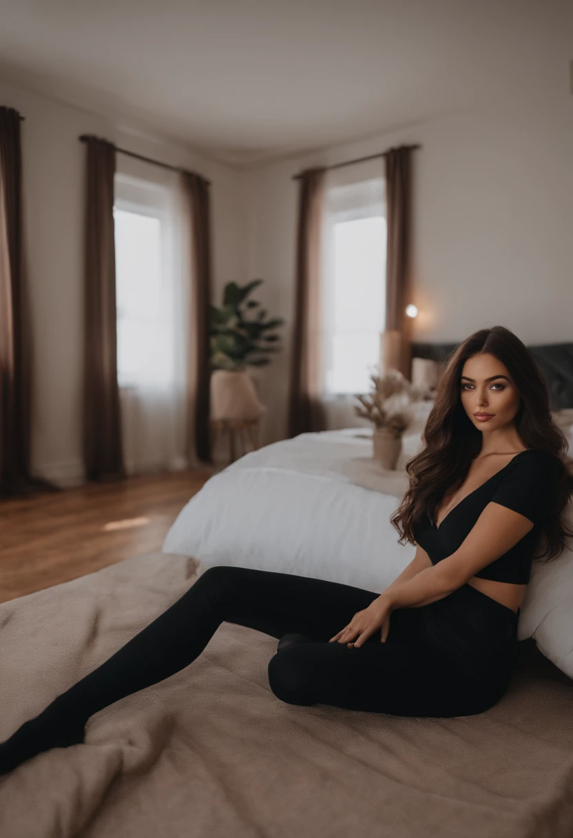 Latin Woman with Black Clothes, fille sexy aux yeux bruns, Portrait Sophie Mudd, cheveux bruns et grands yeux, selfie of a young woman, Yeux de chambre, Violet Myers, sans maquillage, looking straight at camera, Superbe photo du corps entier dans la chambre,