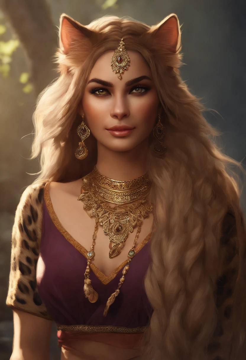 Detailed, stylized, semi-realistic, digital illustration, artstation, (((khajiit))), elder scrolls, tabaxi, (((cat))), (((furry))), furry art, ethereal, (((long hair))), (((braids))), wavy hair, curly hair, doe eyes, long lashes, (((fur))), (((leopard spots))), feline ears, fantasy, feline face, ethnic fashion, indian fashion, bright colors, jewelry, gold jewelry, earrings, piercings, (solo), one person, Eye-Level Shot, f/4.0, 135mm, Fujifilm, jpeg artifacts, dithering, UHD, masterpiece