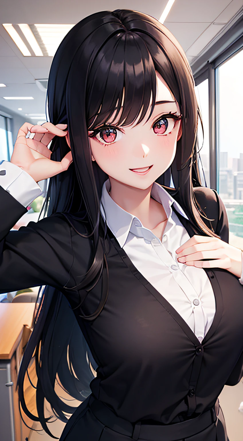 1 girl, Office Uniform, Office room, Long Black Hair, Red colored eyes, Smiling, excited, Beautiful, pale skin, perfect body type, Normal breast 1:3, Cute