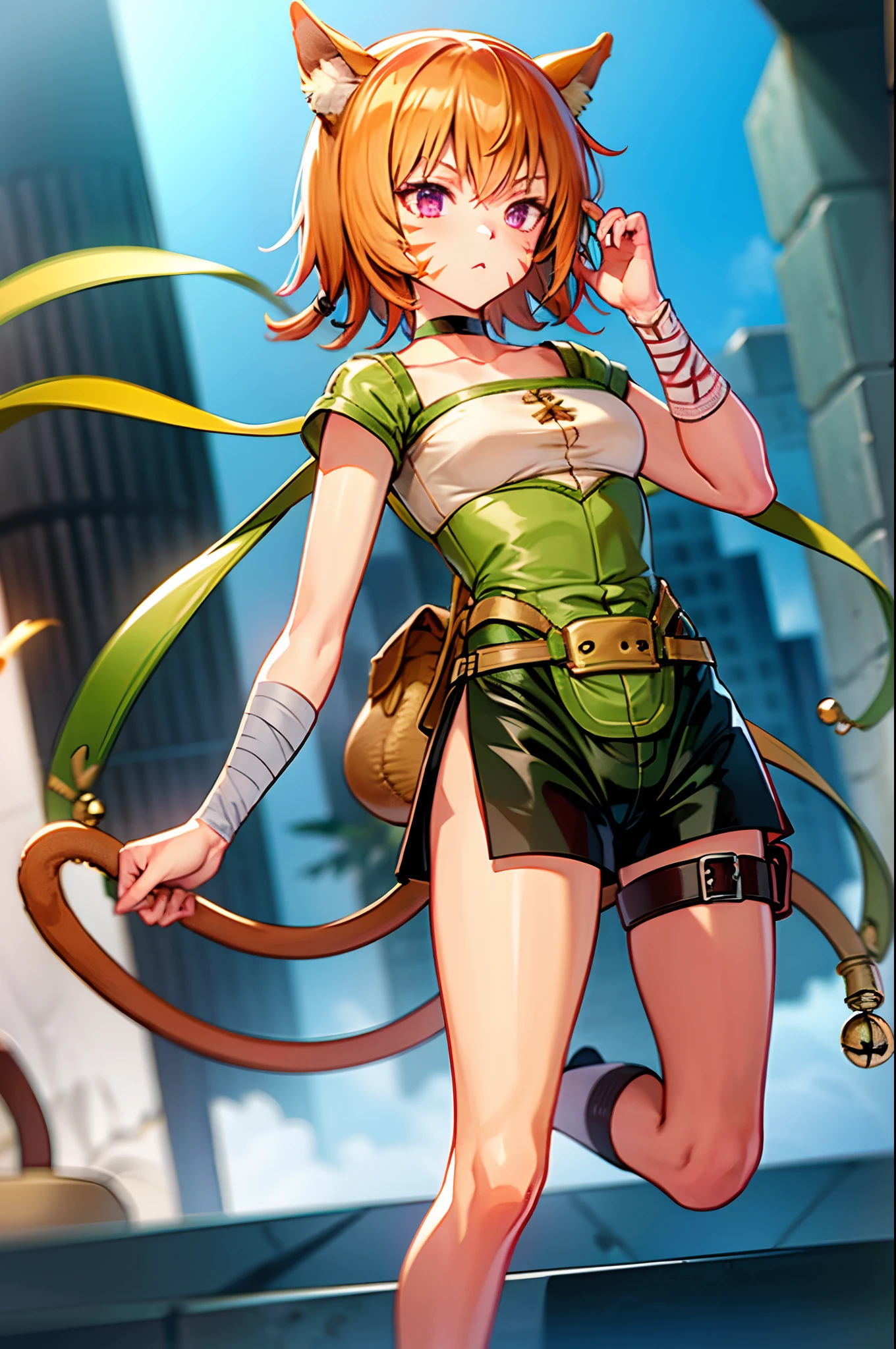 lethe fe, choker, belt, cat tail, bell, thigh strap, facial mark, bandages, side slit, pouch, brown belt, whisker markings, green shorts, wrist wrap, side slit shorts