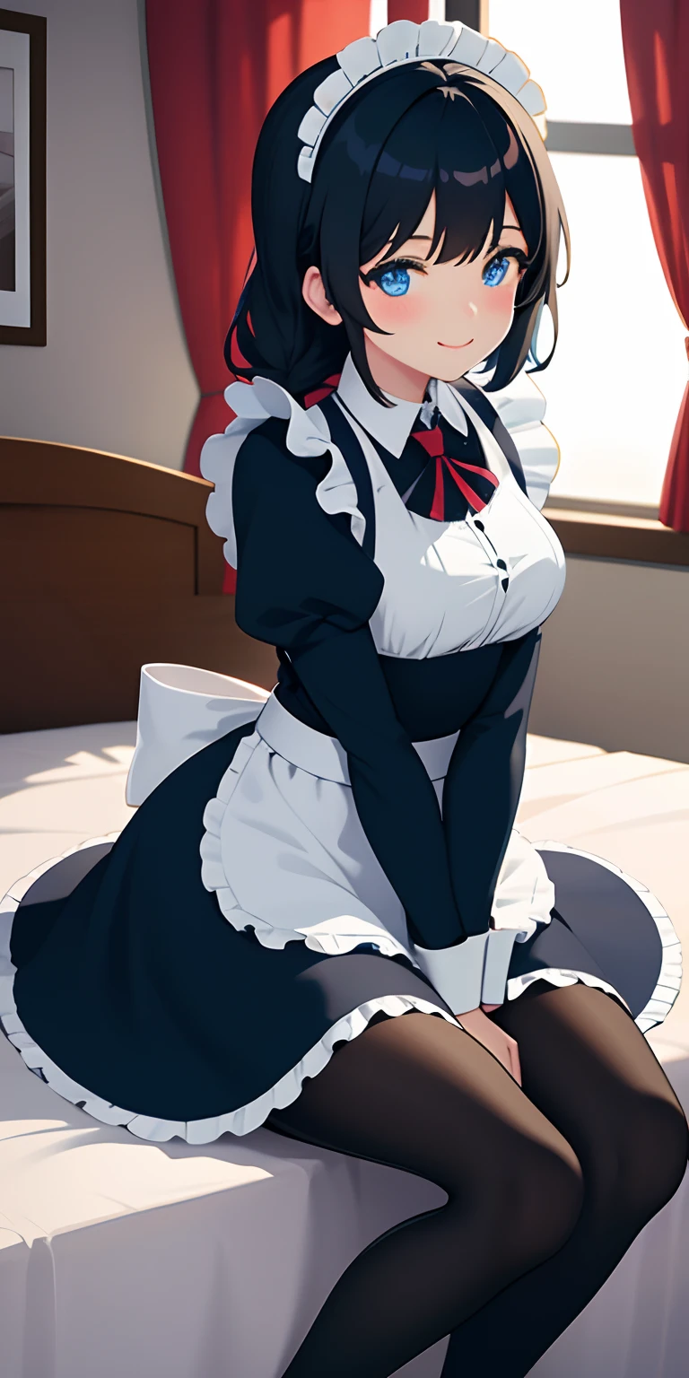 One anime girl , Medium black hair, Blue eyes, Curved hairstyle, Cute maid outfit , Evening, bedroom, light blush, light smile , sitting on bed, hands on tights