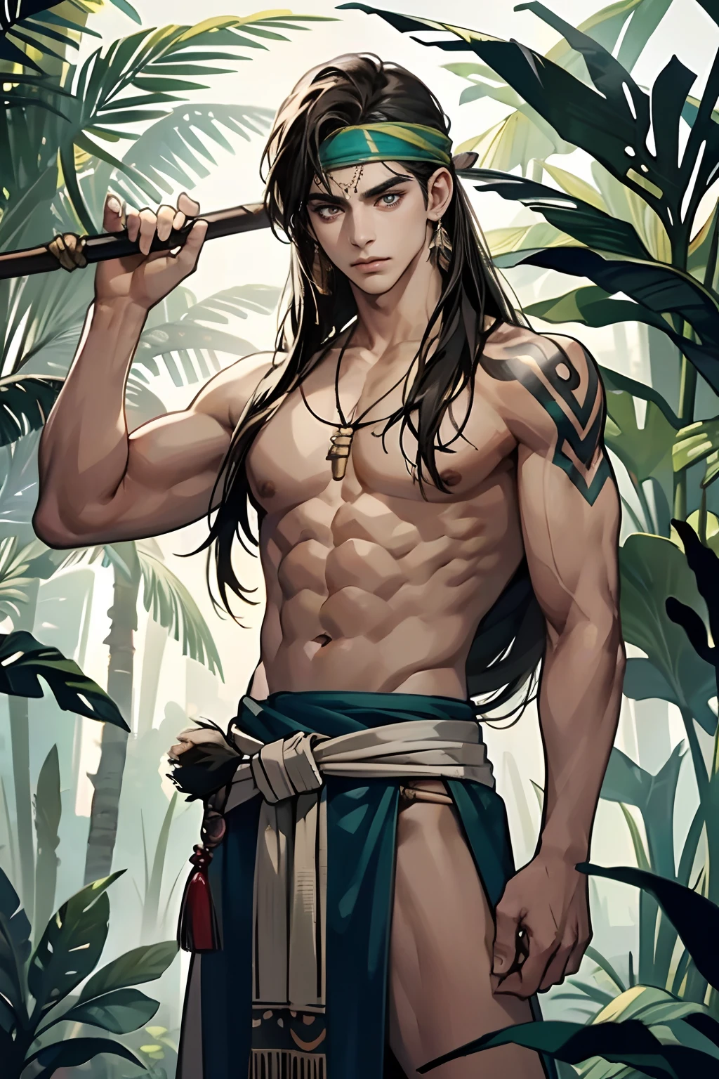 1 boy,Tall and strong,Perfect male body, eyes look at camera,(amazon indigenous male, Dark skin, primitive tattoo,hold a long spear in his hand),Long hair, headband, feather necklace,, serious expression, indigenous people, indigenous tribes, stand in forest,tropical rainforest,dramatic shadow, Ray tracing, Best quality, Cinematic lighting, Extremely detailed CG,8k wallpaper,Complicated details,