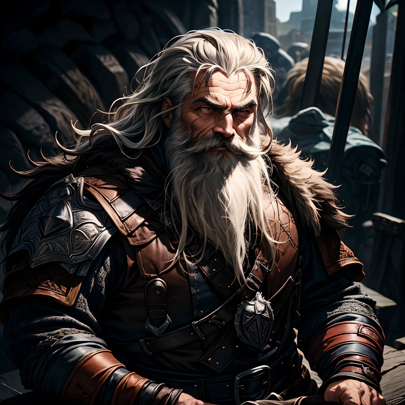 Close-up of a man with a beard and a leather jacket, Picturesque Portrait of the Stern Odin, portrait of a dwarf warrior, thick well-groomed beard, dark colored hair, Ferocious bearded dwarf, epic rpg portrait, portrait of fin wildcloak, rpg portrait concept art, Portrait of the DND character, Portrait of DND, Portrait of the DND character, Dwarf, Berserk Trait, detailed character portrait