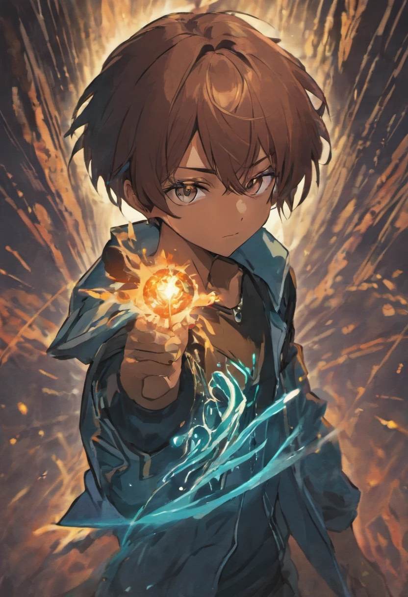 1man, hero, visual novel framing, anime, darker skin, brown hair, blue magic necklace, heavy black paintbrush strokes, white background, tribal style clothing, fit, high quality, tribal tattoos