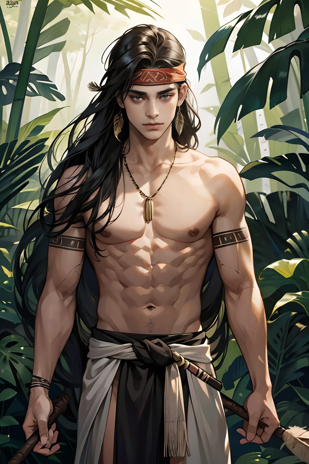 1 boy,Tall and strong,Perfect male body, eyes look at camera,(amazon indigenous male, Dark skin, primitive tattoo,hold a long spear in his hand),Long hair, headband, feather necklace,, serious expression, indigenous people, indigenous tribes, stand in forest,tropical rainforest,dramatic shadow, Ray tracing, Best quality, Cinematic lighting, Extremely detailed CG,8k wallpaper,Complicated details,