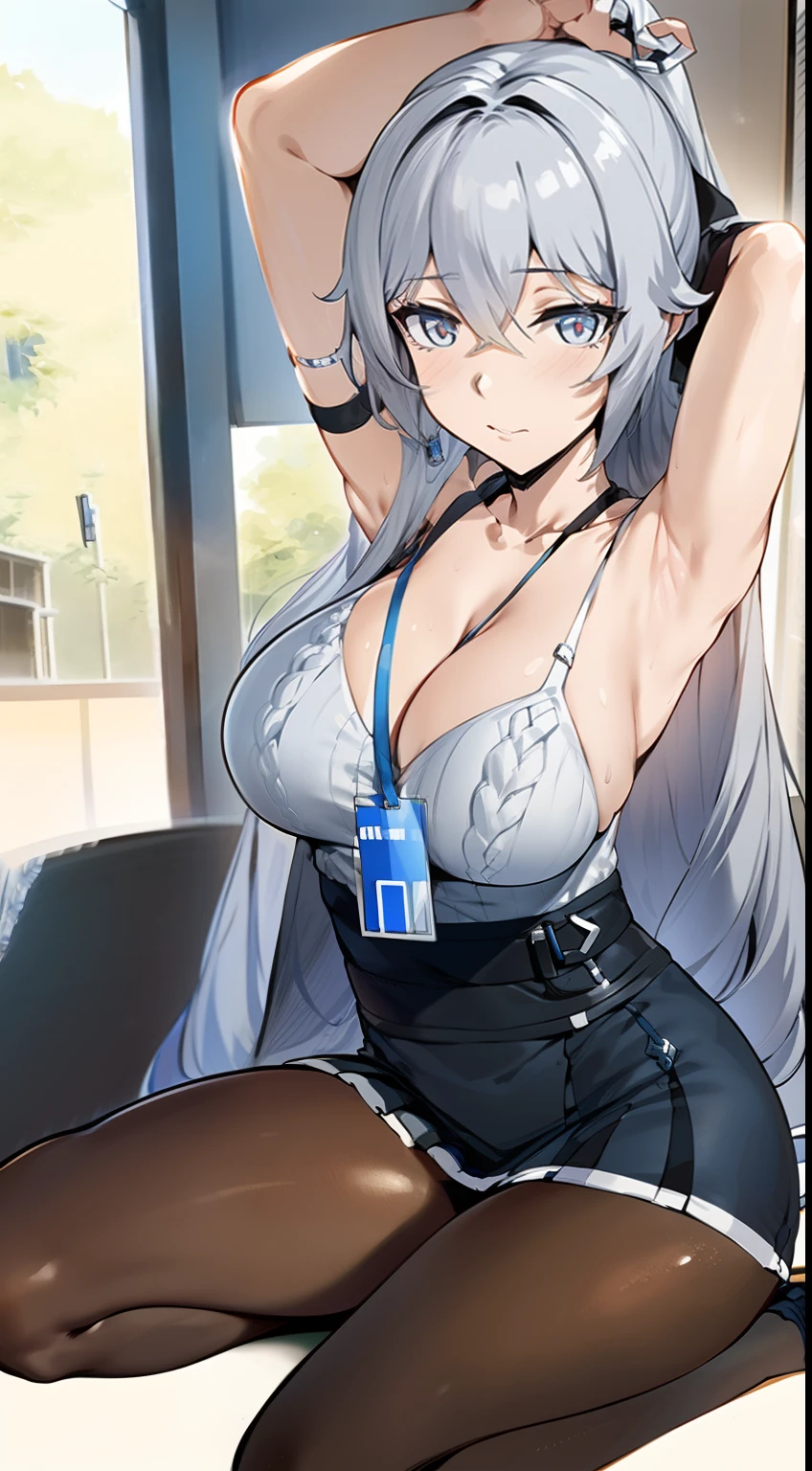 2D, HD, Detailed details, top-quality, ultra-detailed, Highly detailed, masterpiece, best quality, high res, solo, 1girl, bronya-OL2, solo, thighband pantyhose, id card, full body, high heels, high-waist skirt, ribbed sweater, office, indoors, depth of field, looking at the viewer, anime-styled, (large breasts), expressionless, close mouth, shiny skin, ((hand over head)), bare_shoulders, sitting, armpit, gray hair, arms_up,