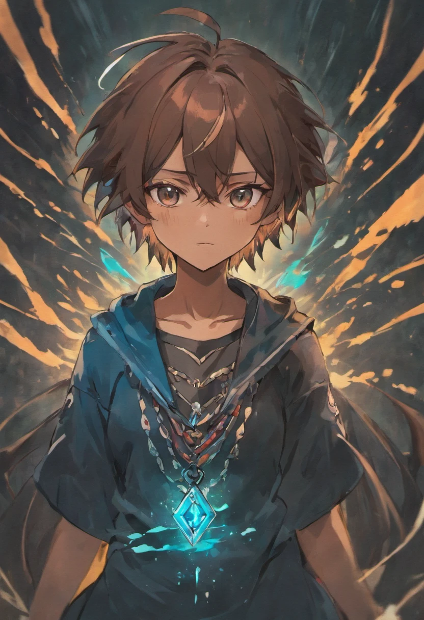 1man, hero, visual novel framing, anime, darker skin, brown hair, blue magic necklace, heavy black paintbrush strokes, white background, tribal style clothing, fit, high quality, tribal tattoos