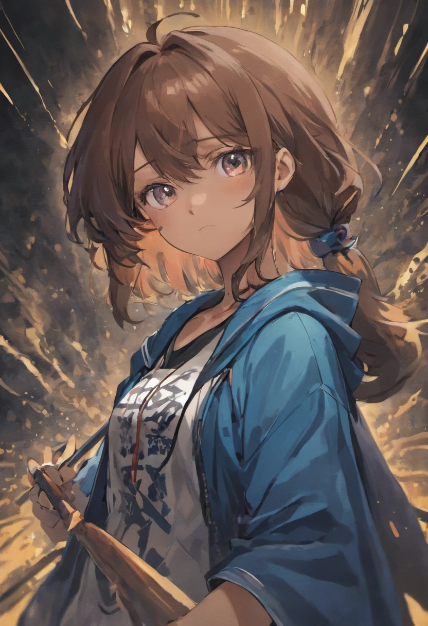 1man, hero, visual novel framing, anime, darker skin, brown hair, blue magic necklace, heavy black paintbrush strokes, white background, tribal style clothing, fit, high quality, tribal tattoos