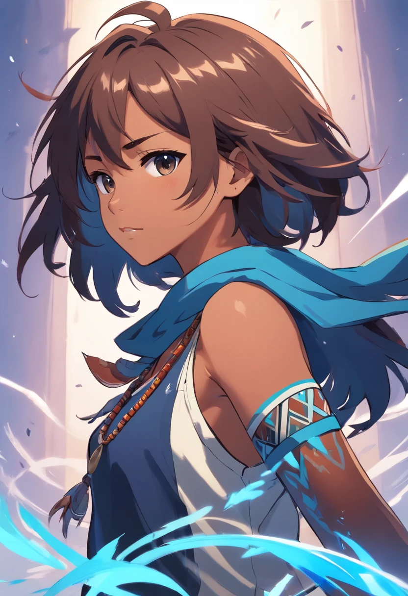 1man, hero, visual novel framing, anime, darker skin, brown hair, blue magic necklace, heavy black paintbrush strokes, white background, tribal style clothing, fit, high quality, tribal tattoos