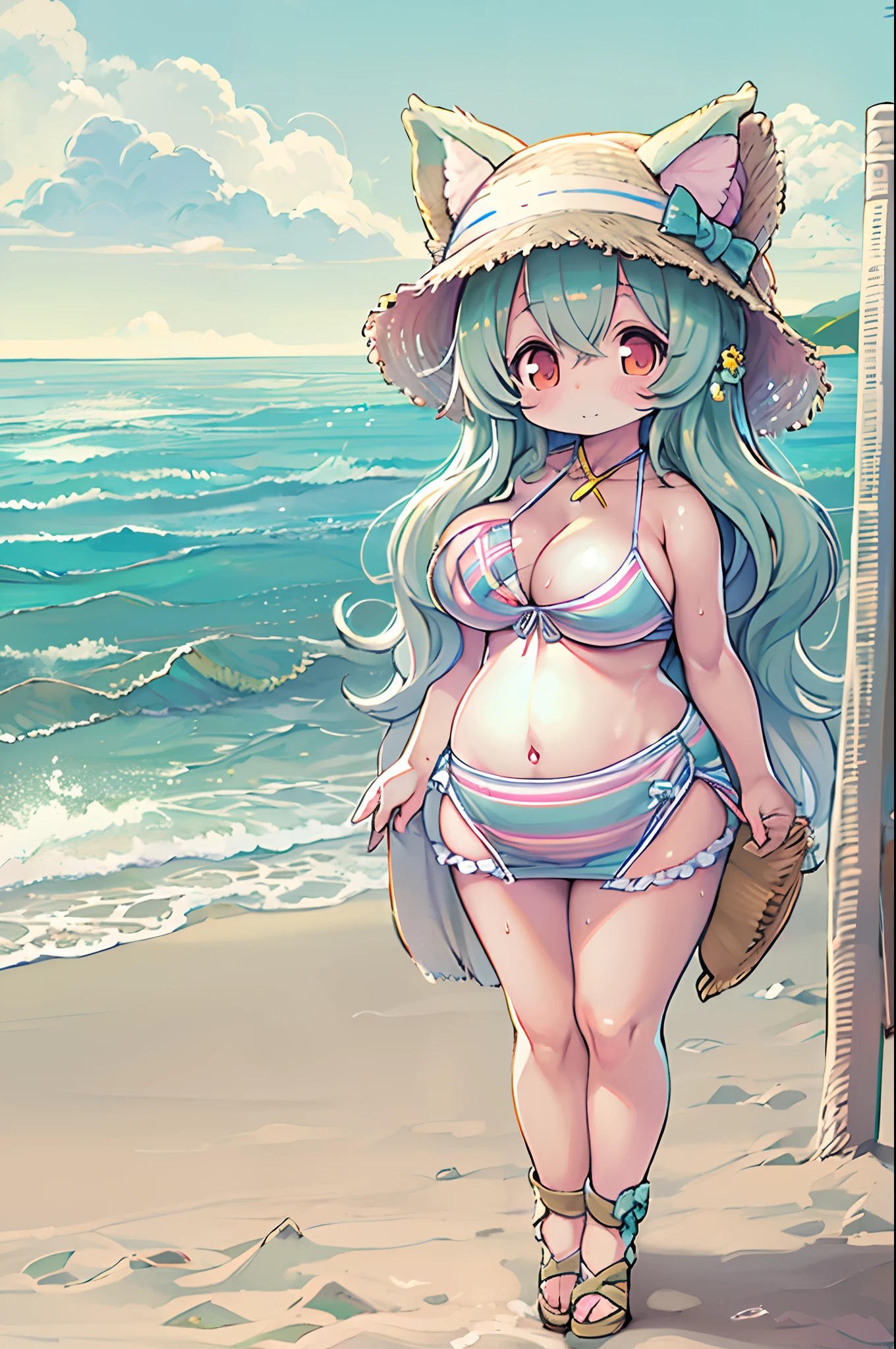 NSFW,Big anime girl on the beach in cat hat, small curvy loli, in beach, in beach, oppai, Chic, in beach, beaching, standing near the beach, at seaside, [ 4 k digital art ]!!, at sea, pixiv 3dcg, standing at the beach, SFW version、Chibi、bbw、Ultramammy、huge-breasted