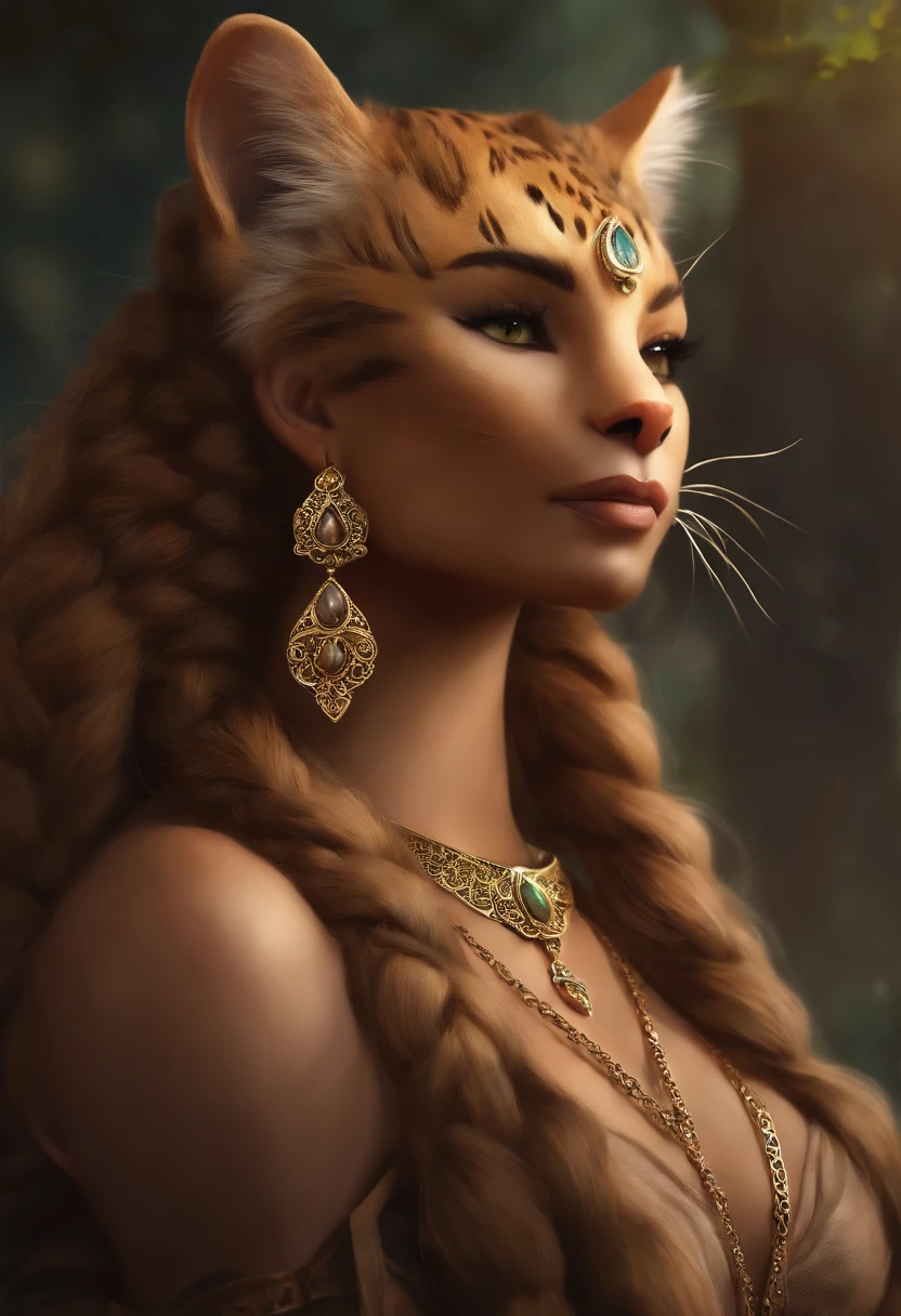 Detailed, stylized, furry art, furry artist, digital illustration, nonhuman, (((khajiit))), elder scrolls, tabaxi, (((cat))), (((furry))), furry art, ethereal, (((long hair))), (((braids))), wavy hair, curly hair, doe eyes, long lashes, (((fur))), (((leopard spots))), feline ears, fantasy, feline face, ethnic fashion, bright colors, jewelry, gold jewelry, earrings, piercings, (solo), one person, Eye-Level Shot, f/4.0, 135mm, Fujifilm, jpeg artifacts, dithering, UHD, masterpiece