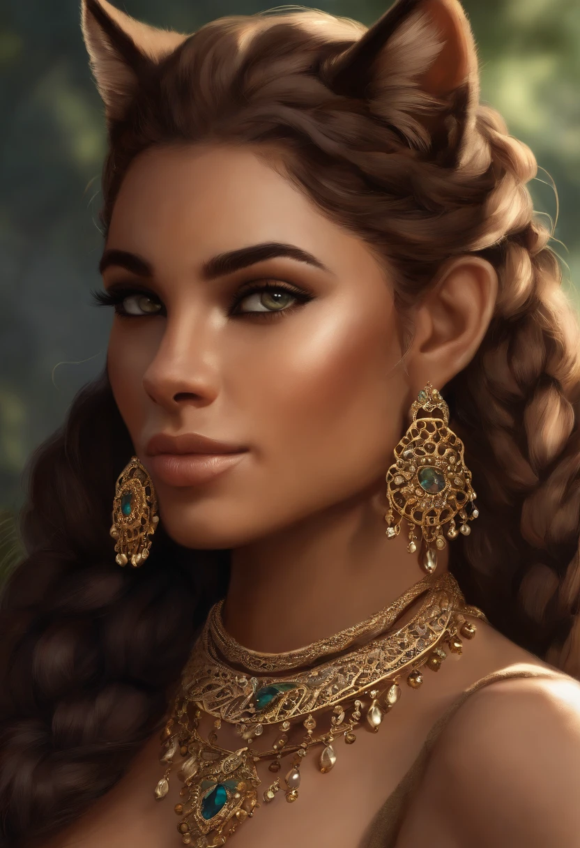 Detailed, stylized, furry art, furry artist, digital illustration, nonhuman, (((khajiit))), elder scrolls, tabaxi, (((cat))), (((furry))), furry art, ethereal, (((long hair))), (((braids))), wavy hair, curly hair, doe eyes, long lashes, (((fur))), (((leopard spots))), feline ears, fantasy, feline face, ethnic fashion, bright colors, jewelry, gold jewelry, earrings, piercings, (solo), one person, Eye-Level Shot, f/4.0, 135mm, Fujifilm, jpeg artifacts, dithering, UHD, masterpiece