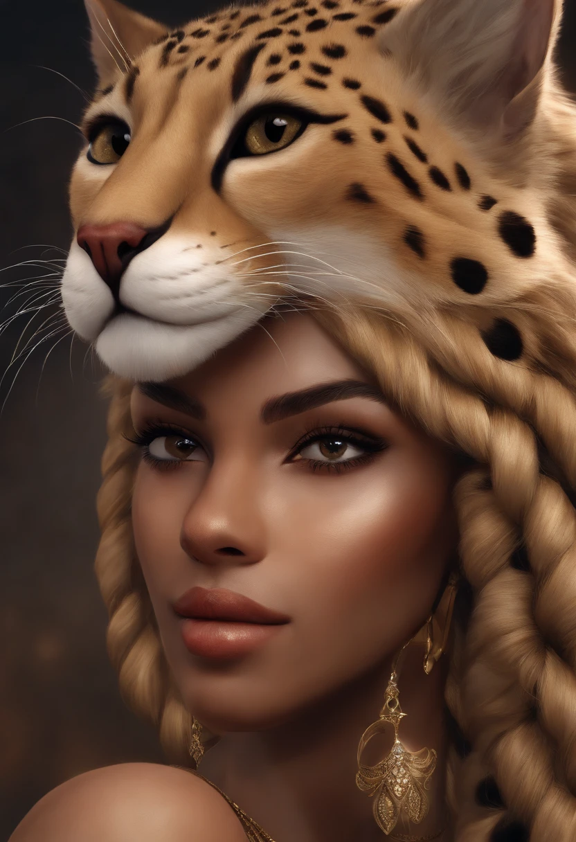 Detailed, stylized, furry art, furry artist, digital illustration, nonhuman, (((khajiit))), elder scrolls, tabaxi, (((cat))), (((furry))), furry art, ethereal, (((long hair))), (((braids))), wavy hair, curly hair, doe eyes, long lashes, (((fur))), (((leopard spots))), feline ears, fantasy, feline face, ethnic fashion, bright colors, jewelry, gold jewelry, earrings, piercings, (solo), one person, Eye-Level Shot, f/4.0, 135mm, Fujifilm, jpeg artifacts, dithering, UHD, masterpiece