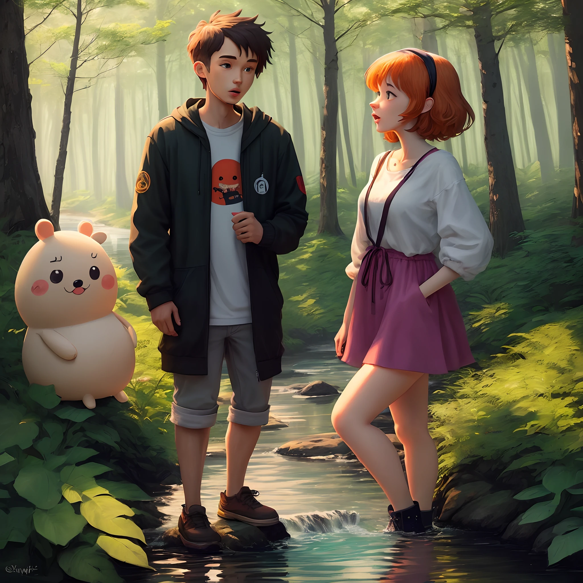 lakeside,ln the forest,stickfigure,cartoony