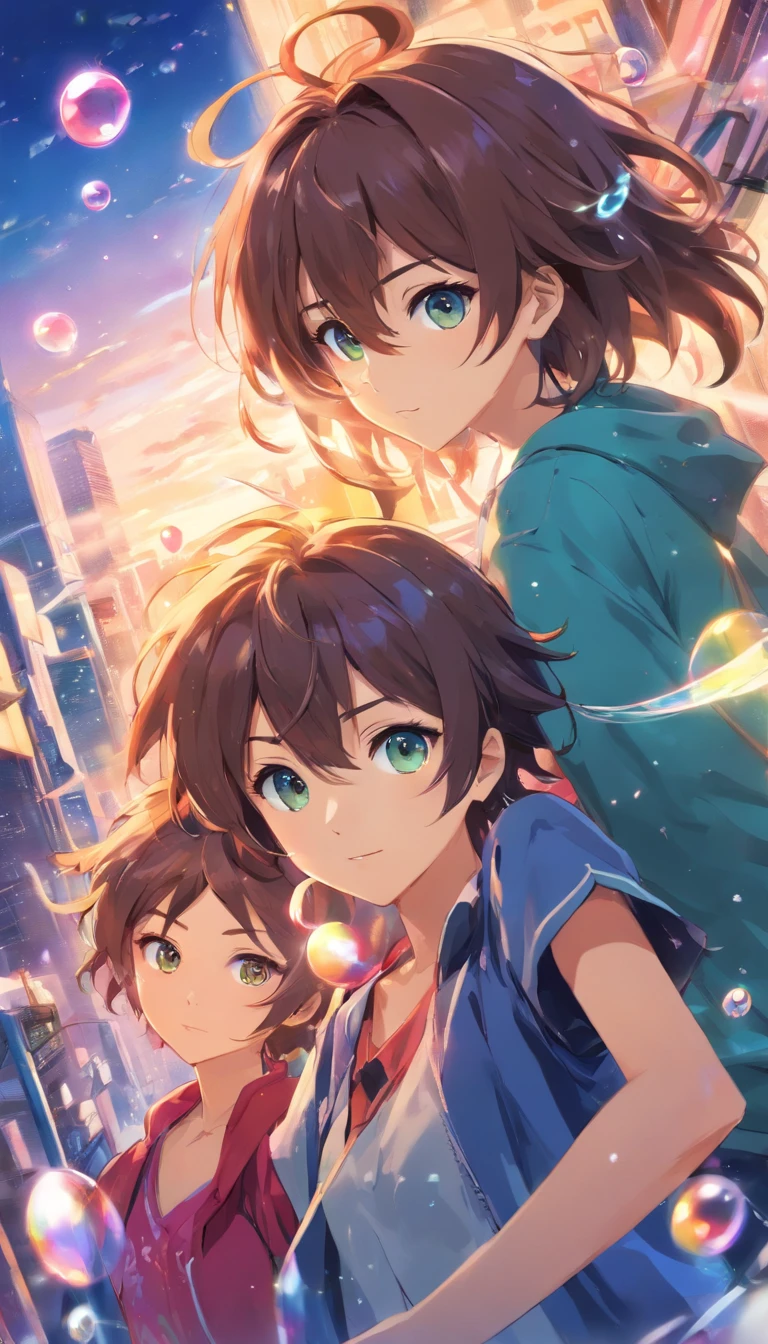 (masterpiece), (best quality), (ultra detailed),(messy hair),(illustration), (1boy,1girl), avatar, macro lens, (Fashionable clothing), standing,Fashion model, looking at viewer, ( interview), (simple background), beautiful detailed eyes, exquisite beauty, Floating, (high saturation), (colorful splashs), colorful bubble, (shining), focus on face,