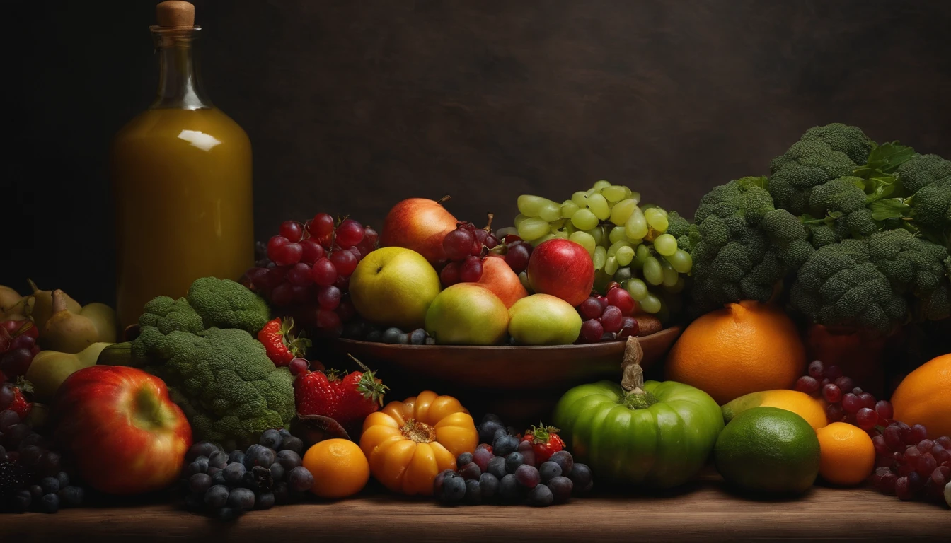 UMA IMAGEM DE UMA MESA BEM ARRUMADA COM UMA BANDEIJA CHEIA DE VEGETAIS E FRUTAS FRESCOS BRILHANTES E APETITOSOS, OF VARIOUS COLORS