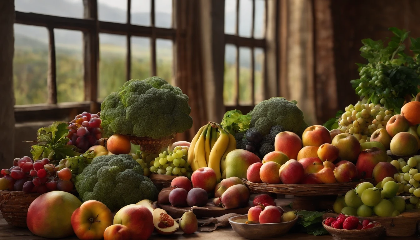 UMA IMAGEM DE UMA MESA BEM ARRUMADA COM UMA BANDEIJA CHEIA DE VEGETAIS E FRUTAS FRESCOS BRILHANTES E APETITOSOS, OF VARIOUS COLORS