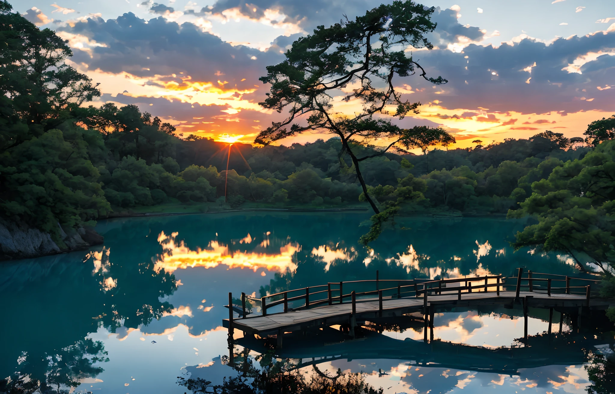 Blue lake in the rays of the sunset, with shear, wooden bridge and trees around the lake