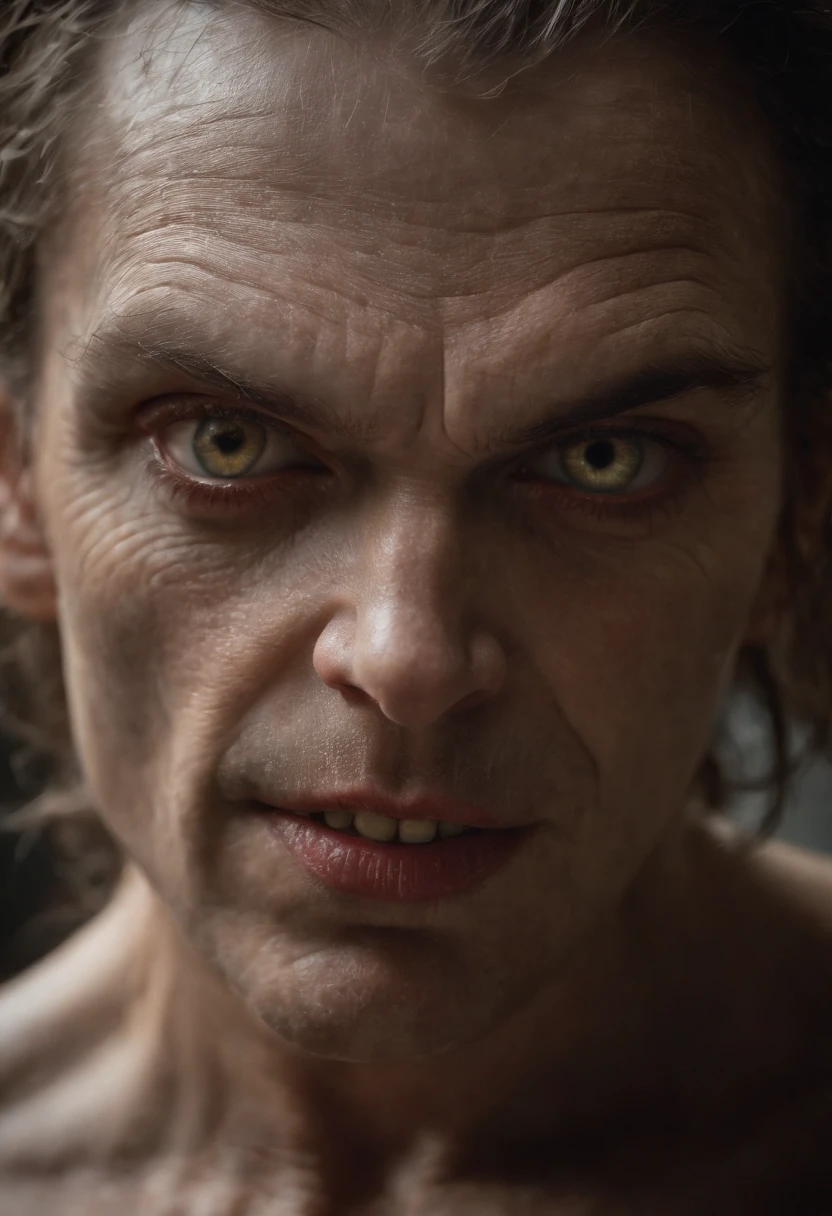 (realistic,photorealistic:1.37)Analog photo,high contrast lighting,dark atmosphere,Goblin face,detailed and menacing eyes,sharp teeth,disheveled hair,aged paper texture,film grain,gloomy background,vivid colors,horror theme