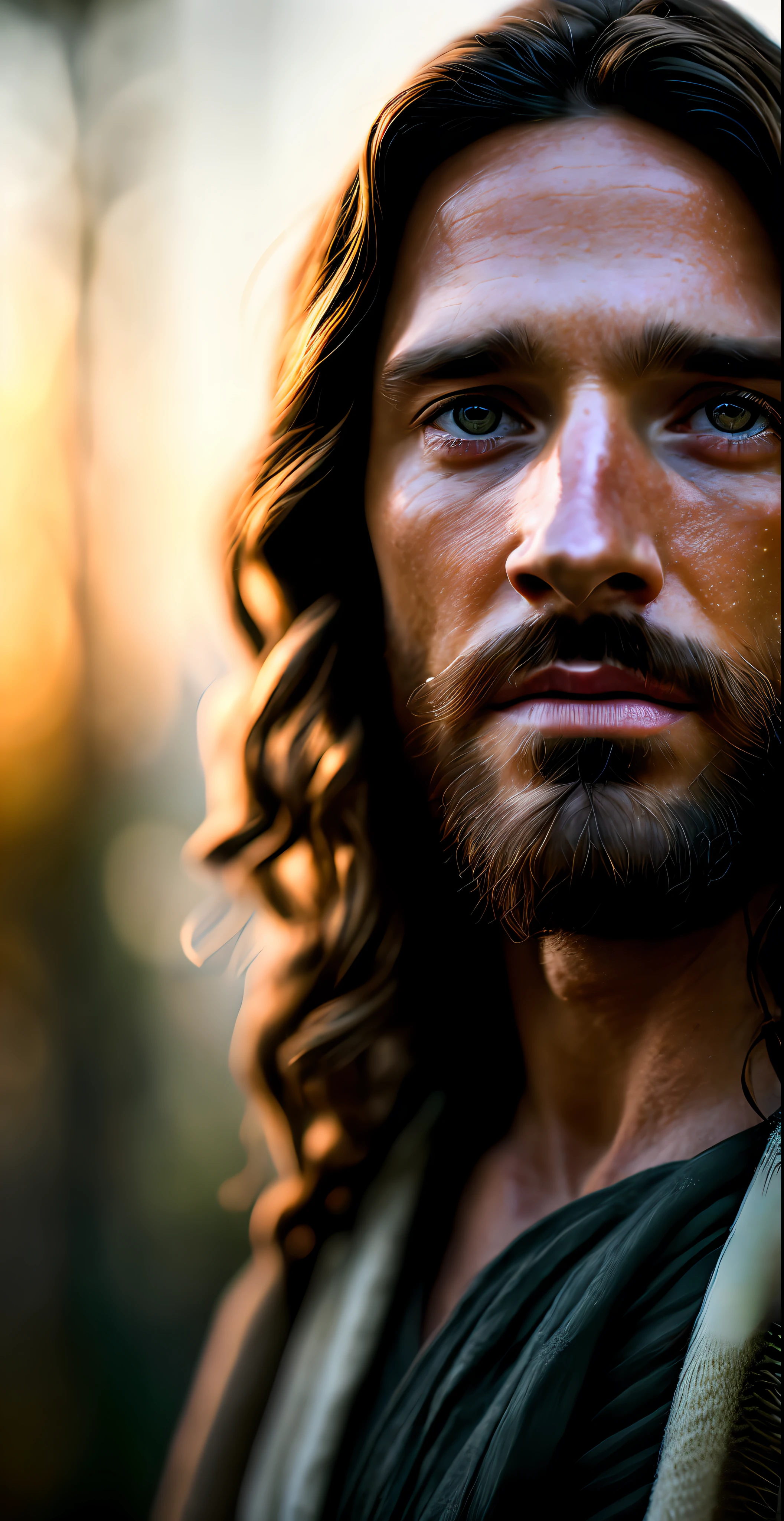portrait of modern day Jesus, cinematic lighting, depth of field, bokeh, realism, photorealistic, hyperrealism, professional photography, uhd, dslr, hdr