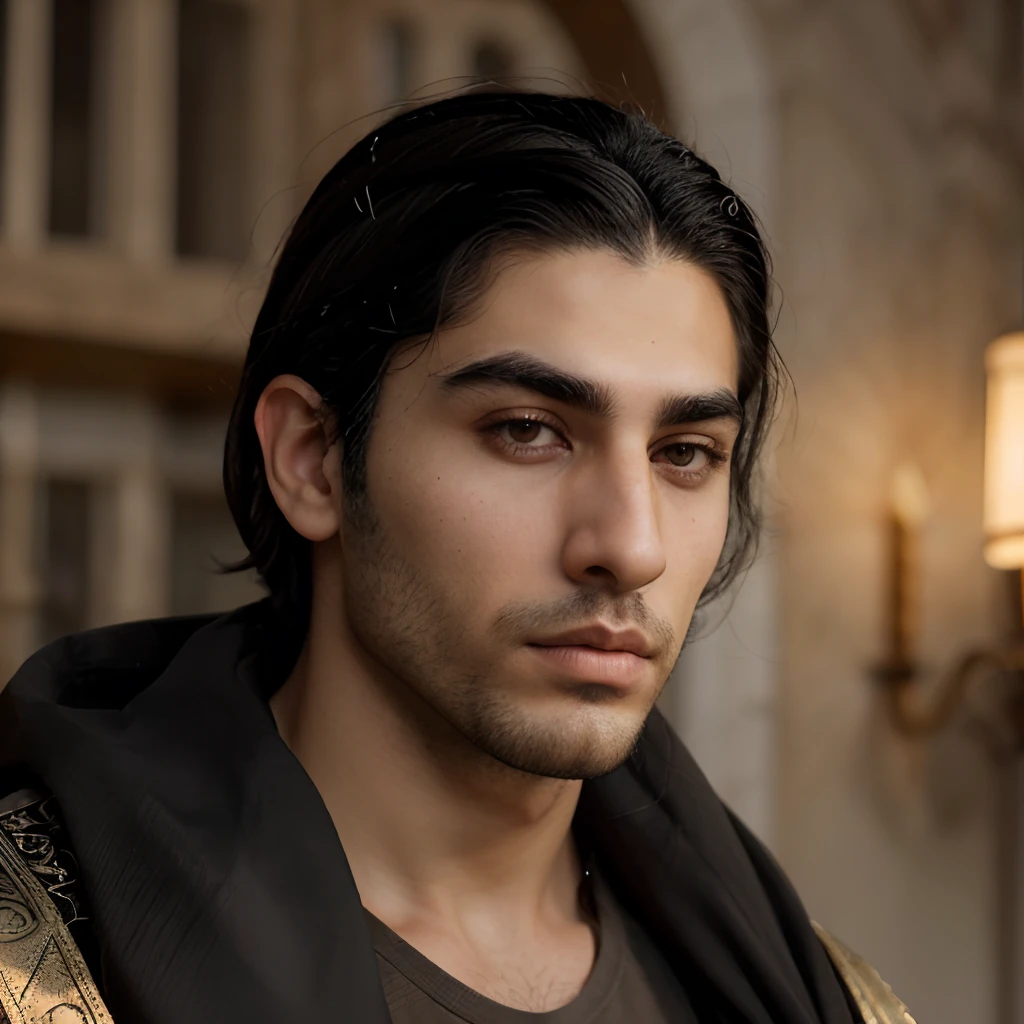A middle eastern man, tall and trim with the build of a young man proficient in warfare. Straight dark hair. Thick eyebrows, eyes so pale a shade of brown they appeared amber. A angular profile