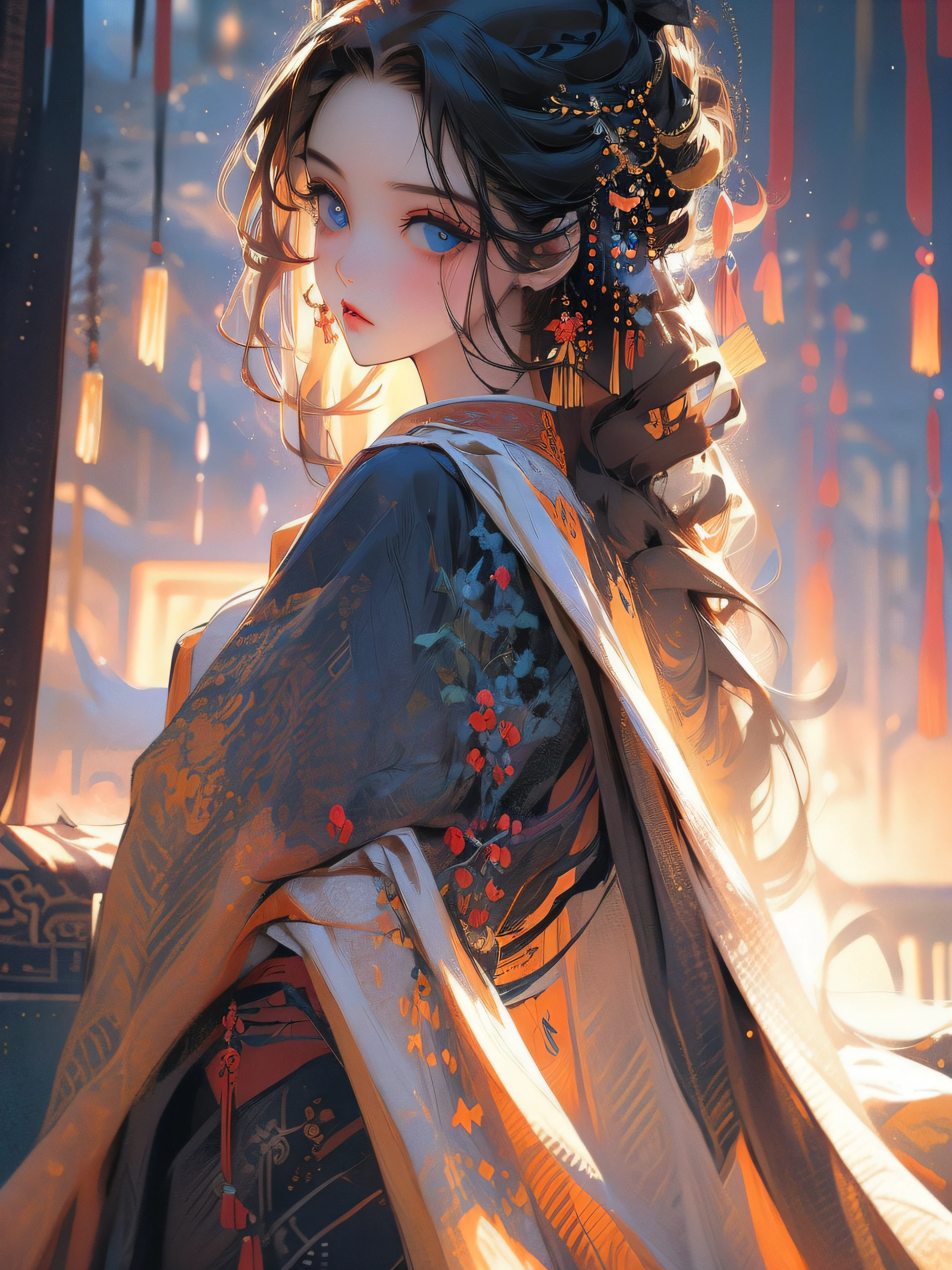 (masterpiece), best quality, beautiful detailed hair ,detailed face, 1 girl, solo, dutch shot, perfect feminine face, very stunning woman, traditional hanfu, chesnut brown hair, shoulder length hair, blue eyes,simple eyelashes,beautiful hairpin