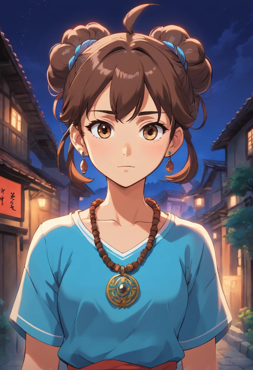 1man, hero, visual novel framing, anime, late 30s, darker skin, brown hair, blue magic necklace, hair tied in a bun, menacing look, empty background, tribal style clothing, fit, high quality, tribal tattoos