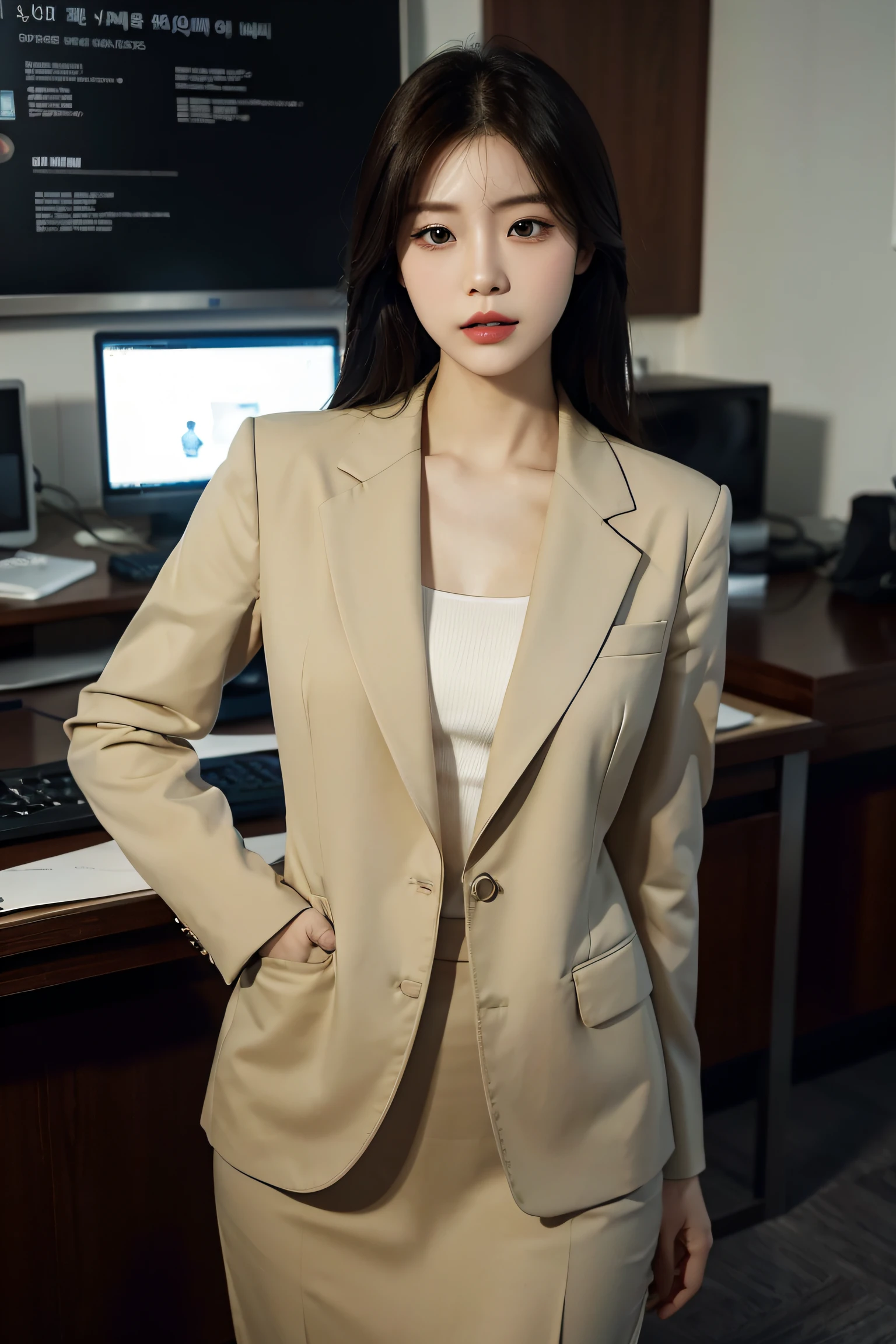 hight resolution, Realistic portrait of professional Korean office lady with perfect skin,Professional suit,Women's Suits,standing athletic pose,The upper part of the body,Women at work,Show confidence and maturity, Surrounded by a modern corporate environment, Vivid and naturally illuminated highlights. Artwork should highlight her elegant facial features, Including an attractive long eye, Fluttering eyelashes and seductive lips. The scene is、Should be enhanced with elements of professionalism and visual appeal,For example, Stylish work desk, Mainframe Computers, High-resolution display, And complex stationery. The overall tone should be warm and professional, Has a soft and natural color palette. Artwork must exude professionalism, Success, And cultural pride,the background is blurred