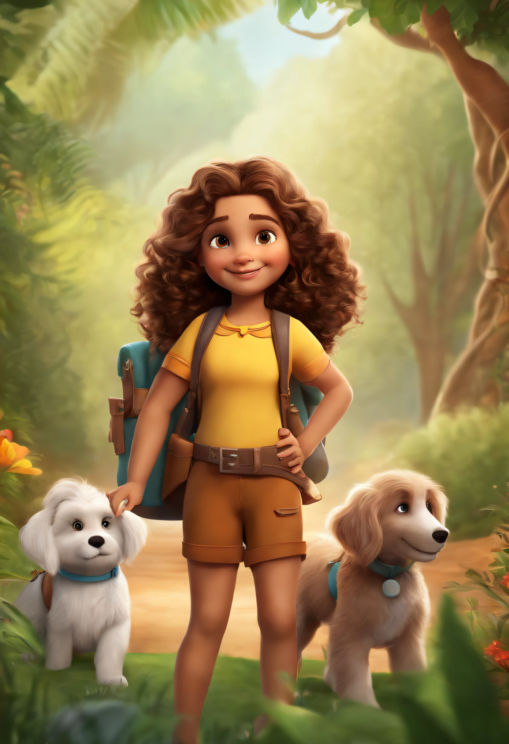 (best quality,realistic), 1girl,girl:1.1, 7-year-old,curly,brown hair,long hair,wavy hair,[white background],cartoon style,Leo the Explorer inspired,vibrant colors