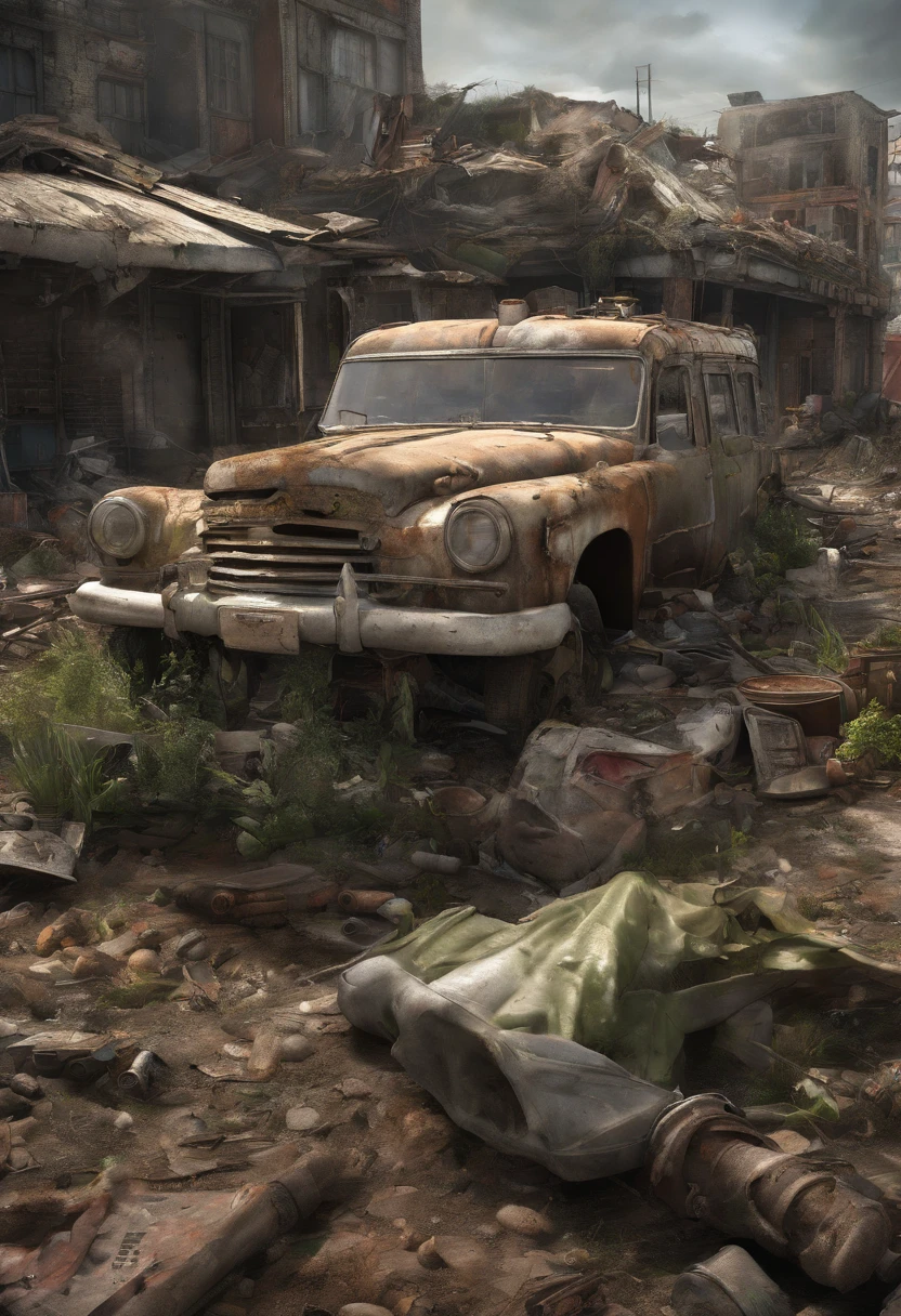 Melhor paisagem janglemelhor qualidade, HDR, ultra-detalhado, Realistic:1.37), post apocalyptic, Cidade abandonada em 3D, Destroyed buildings, Plane crashed, Car Cemetery, carros abandonados, Greenery next to buildings, Abandoned vehicles strewn and piled up, Sunset.
